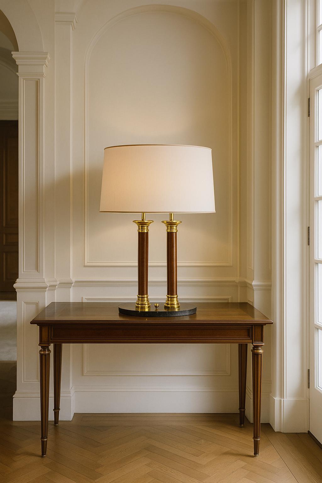 Double Column Table Lamp, Marble Base with Brass Accents — Vintage 1980s