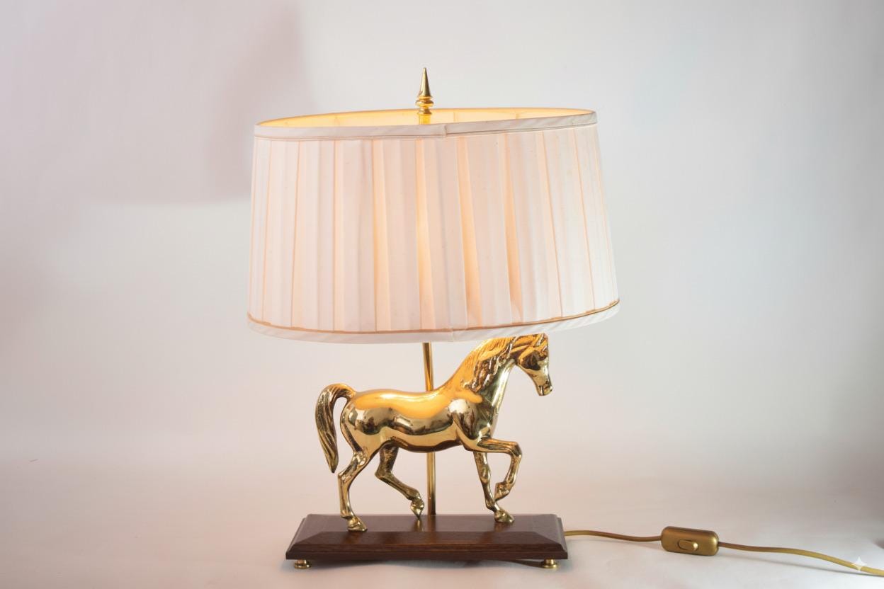 Vintage Brass Horse Table Lamp, Wooden Base, Pleated Shade, Equestrian Style, 1980s