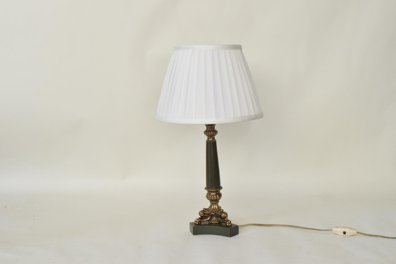 Vintage French Neoclassical Table Lamp, Gold-Toned Base, Green Column, White Pleated Shade
