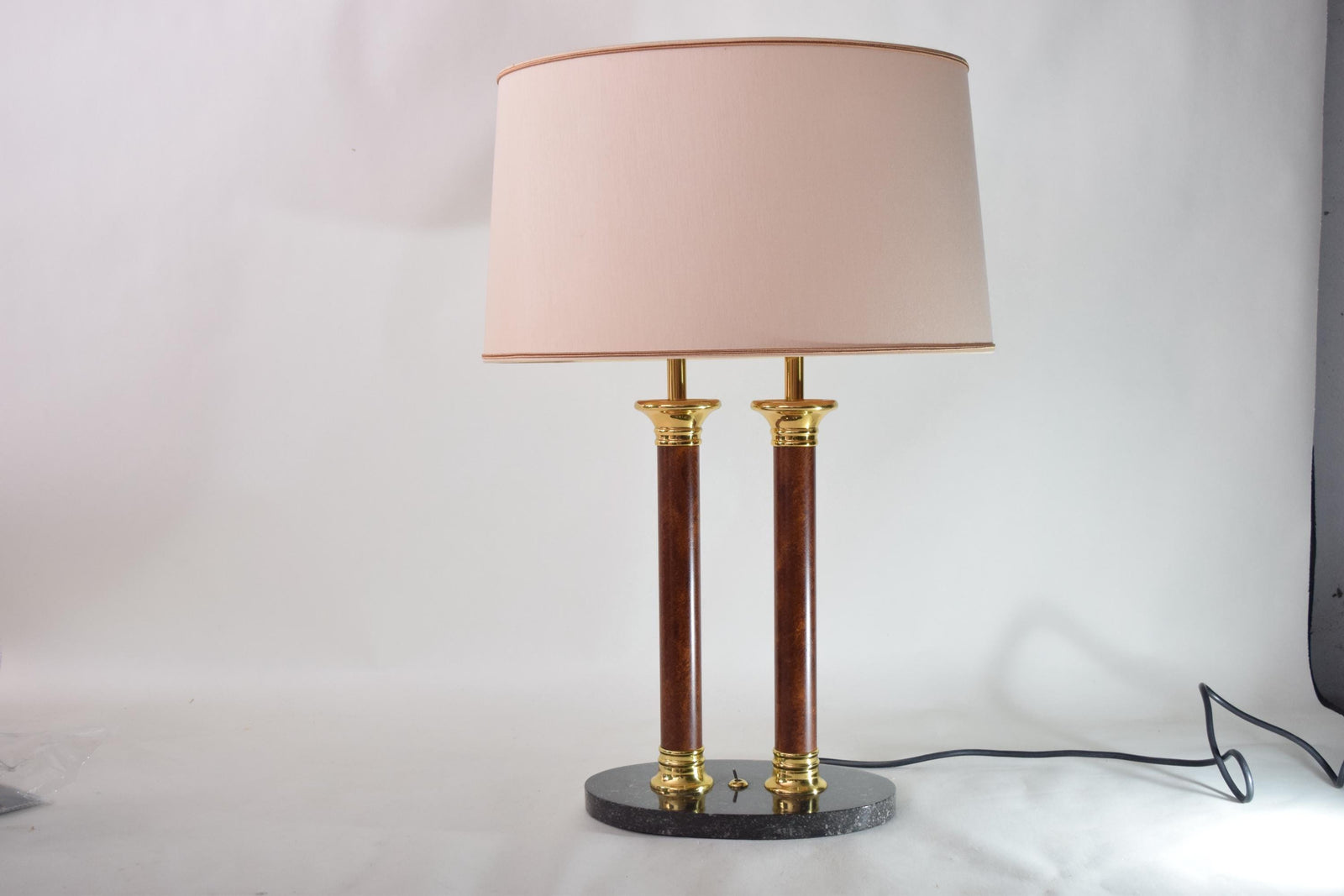 Double Column Table Lamp, Marble Base with Brass Accents — Vintage 1980s