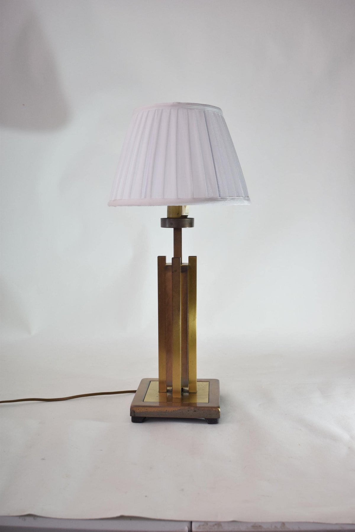 Vintage Geometric Brass Table Lamp, 1980s, Faceted Column, Pleated White Shade, Mid-Century Modern Accent Lighting
