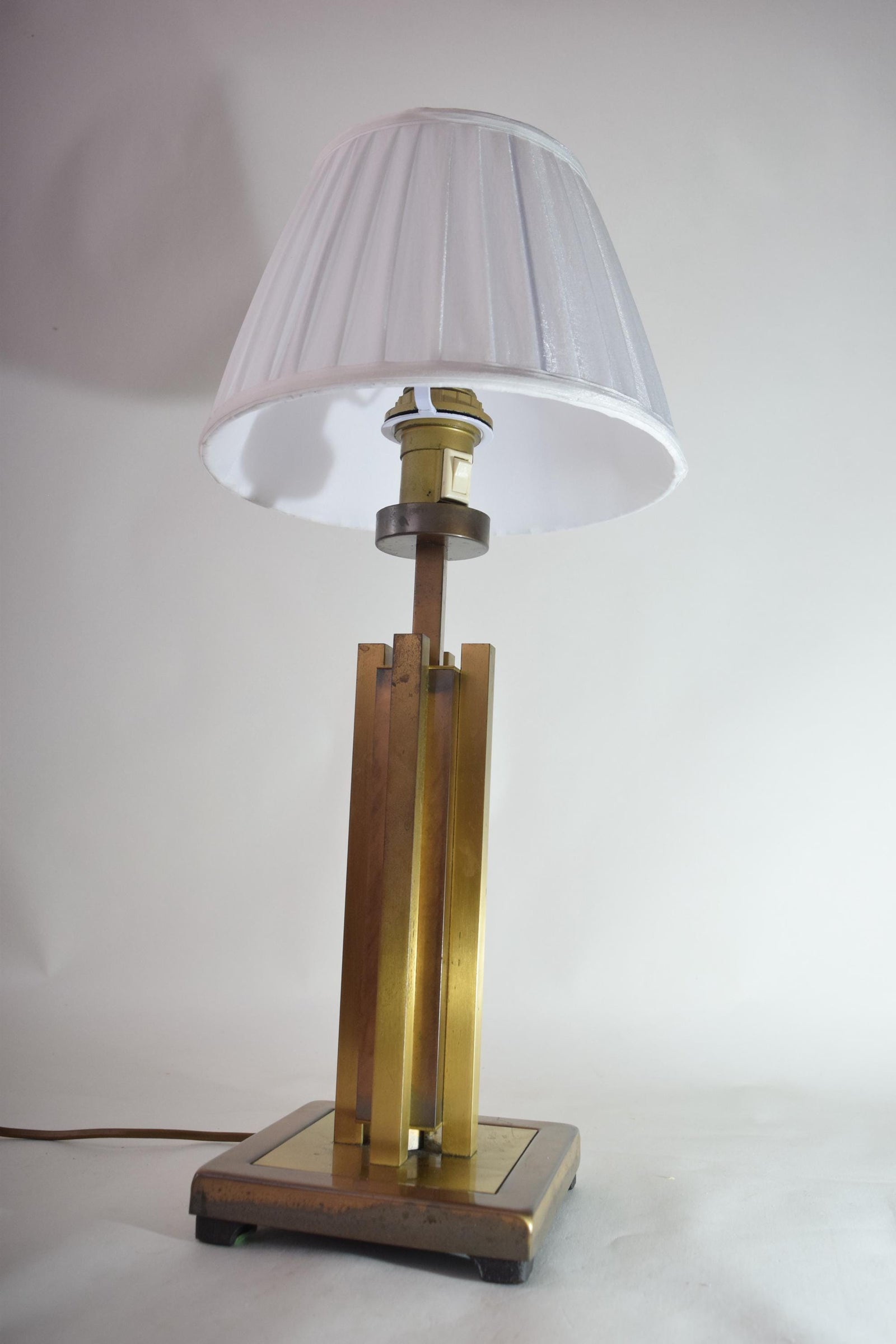 Vintage Geometric Brass Table Lamp, 1980s | Faceted Column, Pleated White Shade | Mid-Century Modern Accent Lighting