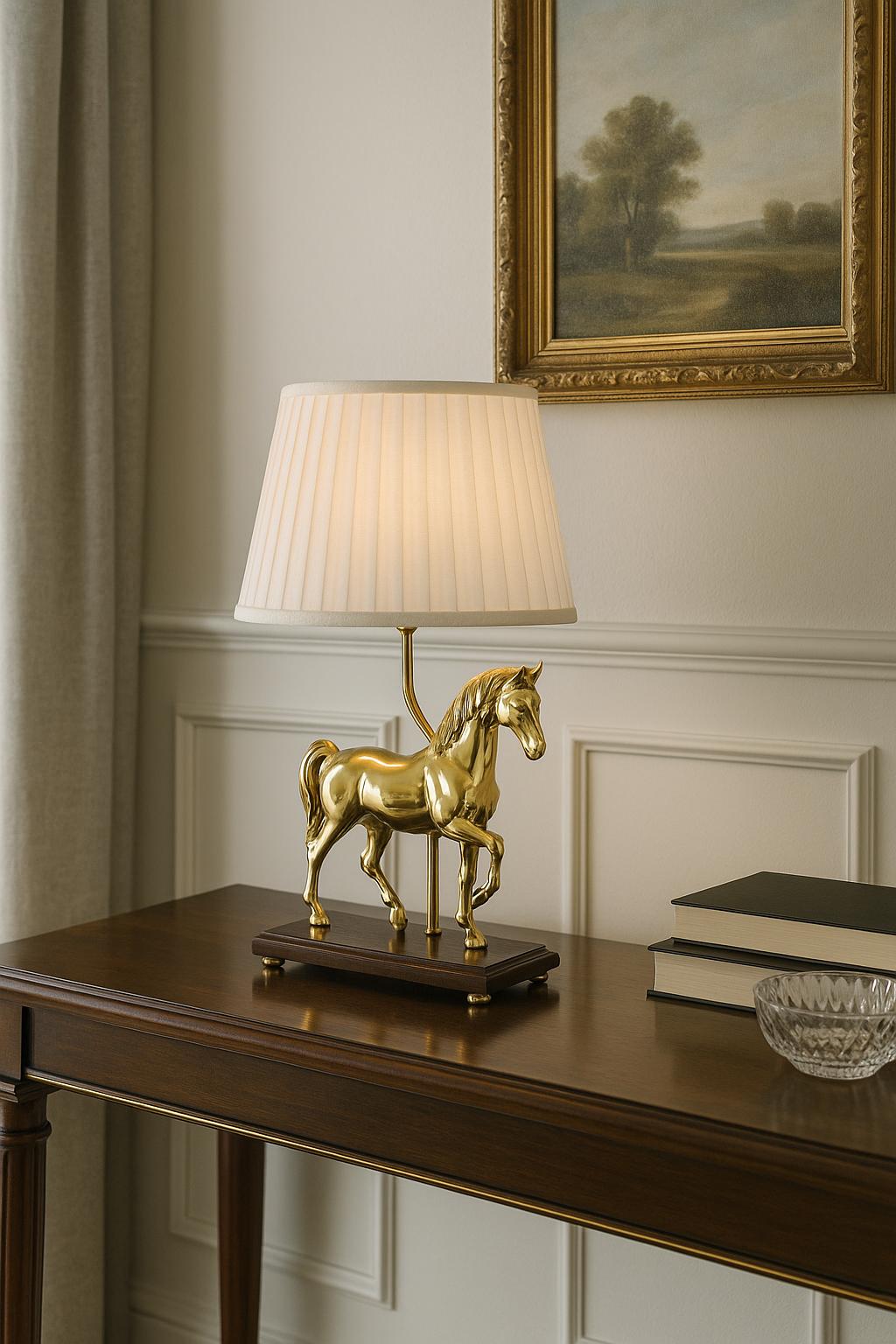 Vintage Brass Horse Table Lamp, Wooden Base, Pleated Shade, Equestrian Style, 1980s