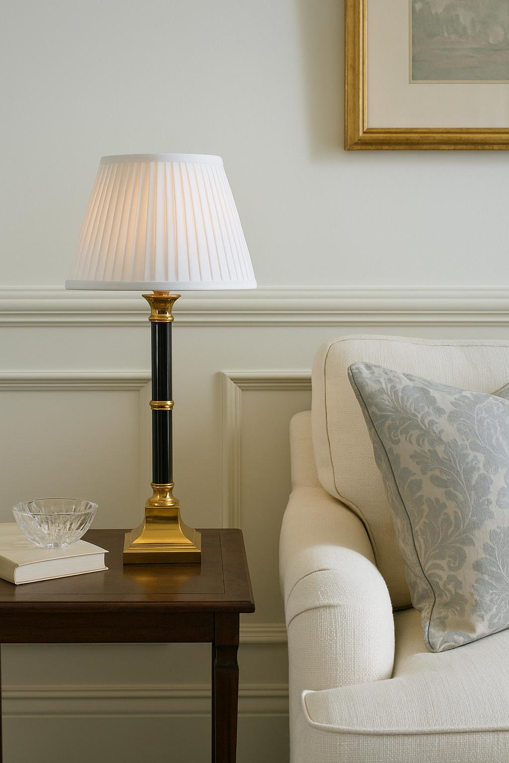 Vintage Column Table Lamp with Pleated Shade, Brass and Dark Metal, 1980s