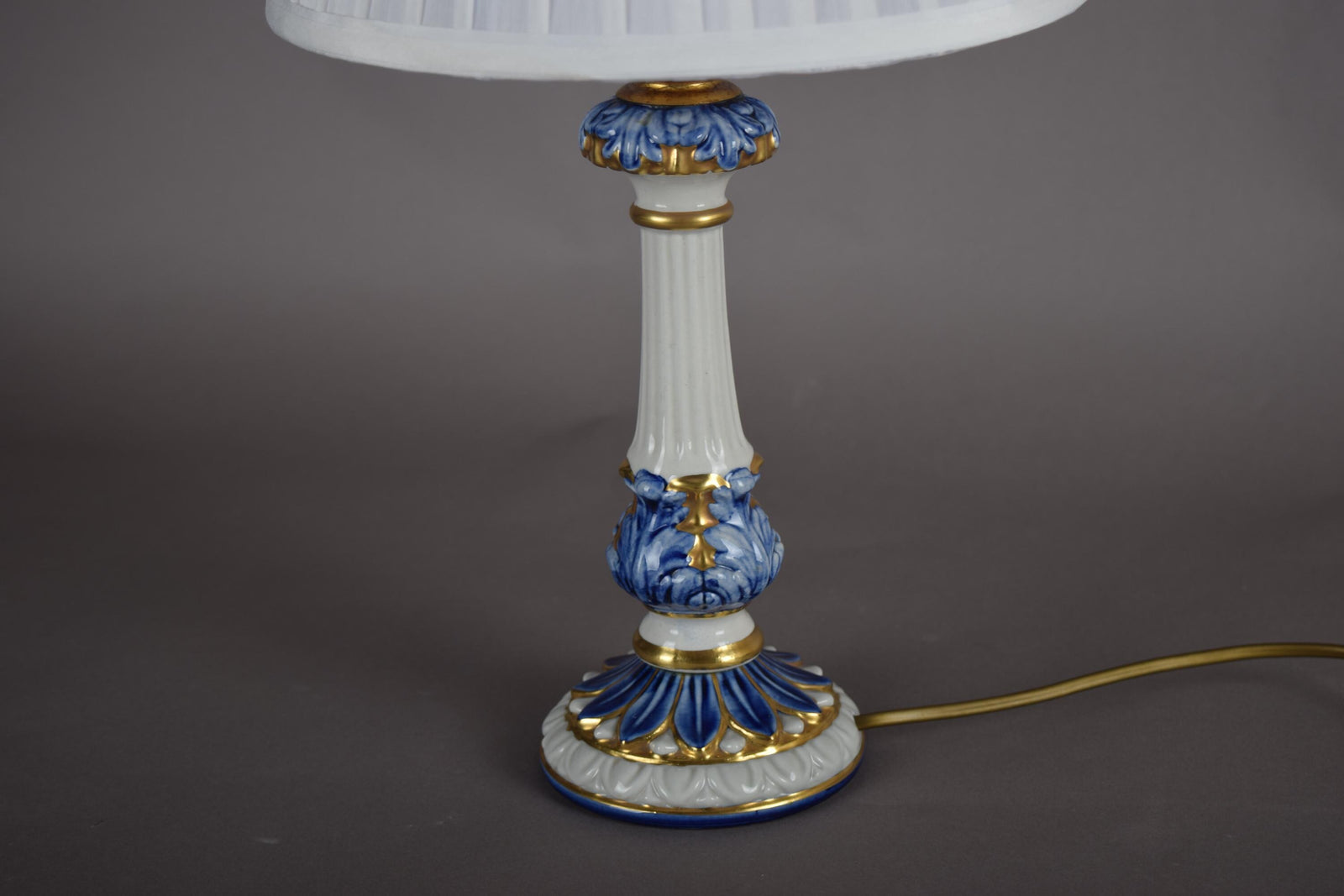 Vintage Blue and White Ceramic Table Lamp, Gilt Fluted Column — Pleated Shade Included