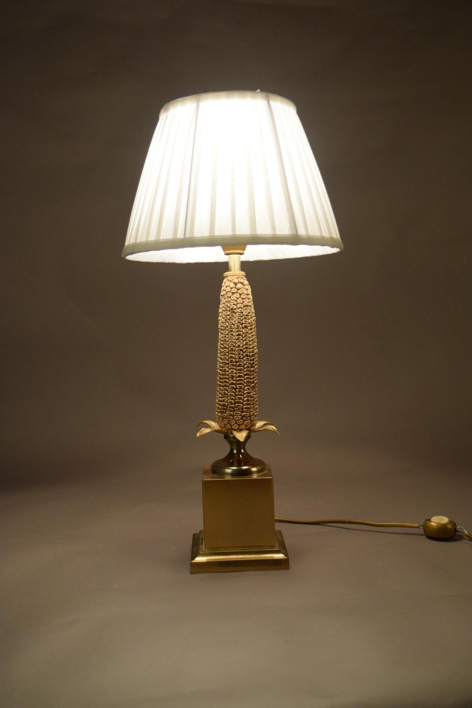 Mid-Century Brass Corn Table Lamp with Pleated Shade, 1970s