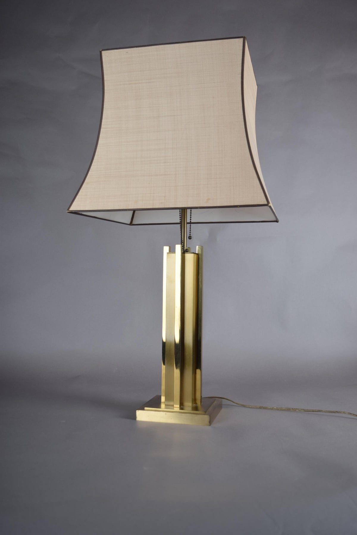 Willy Rizzo Style Brass Table Lamp, 1970s Italy, Skyscraper Column Design, Dual Pull Chain Lamp