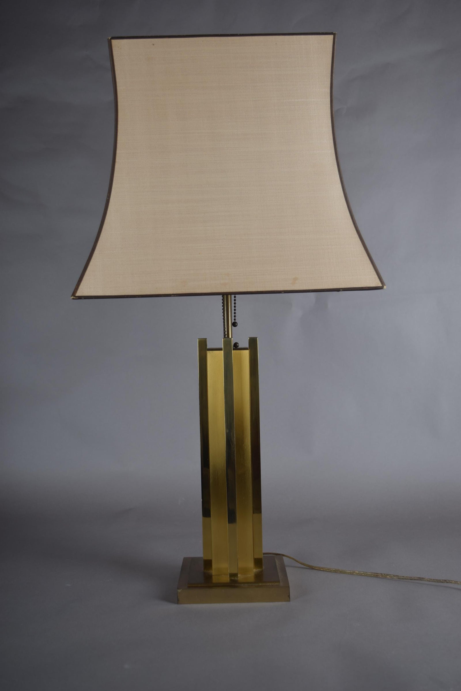 Willy Rizzo Style Brass Table Lamp, 1970s Italy, Skyscraper Column Design, Dual Pull Chain Lamp