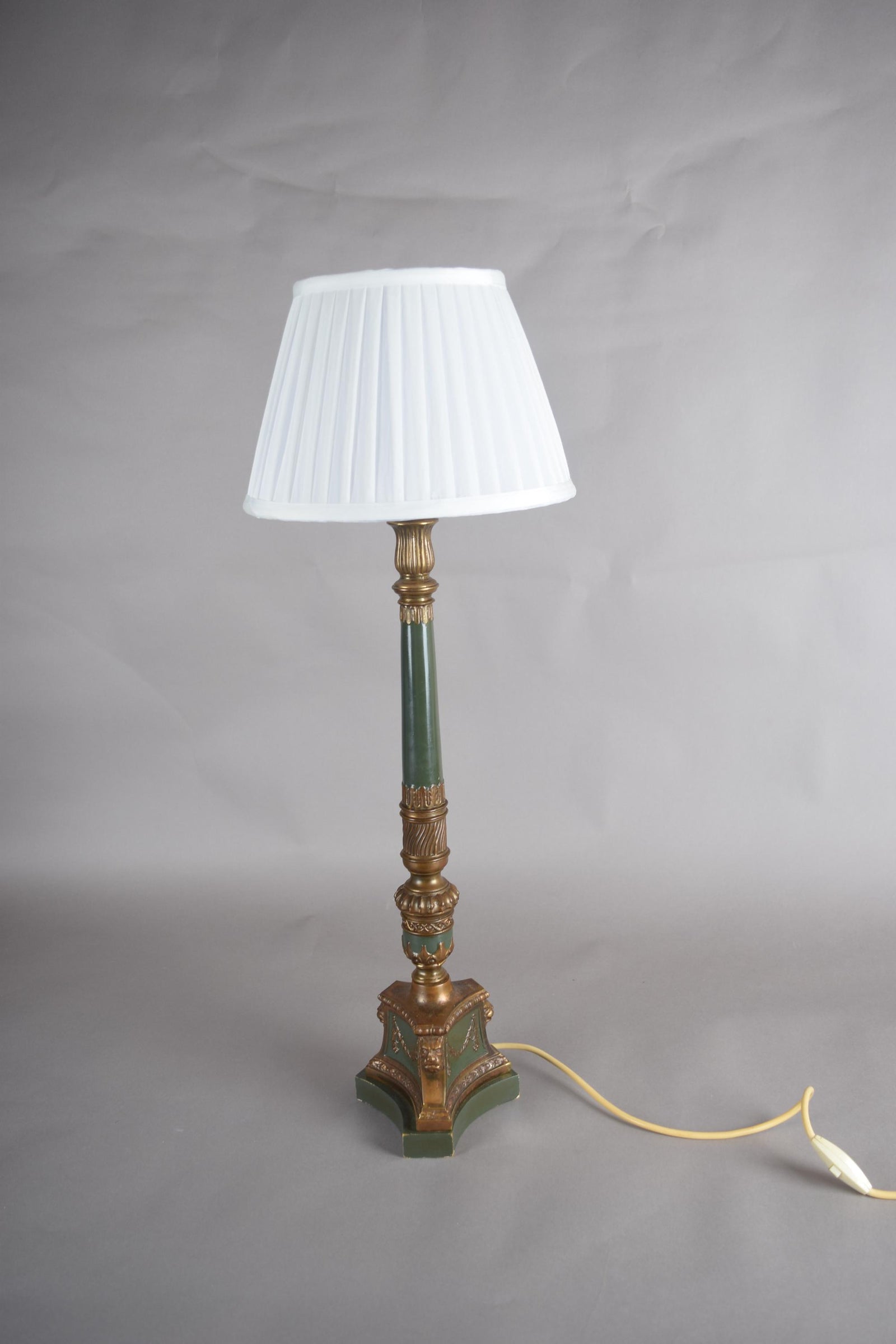 Vintage Brass-Toned Table Lamp, Louis XVI Style, Green Column with Pleated Shade, 1950s