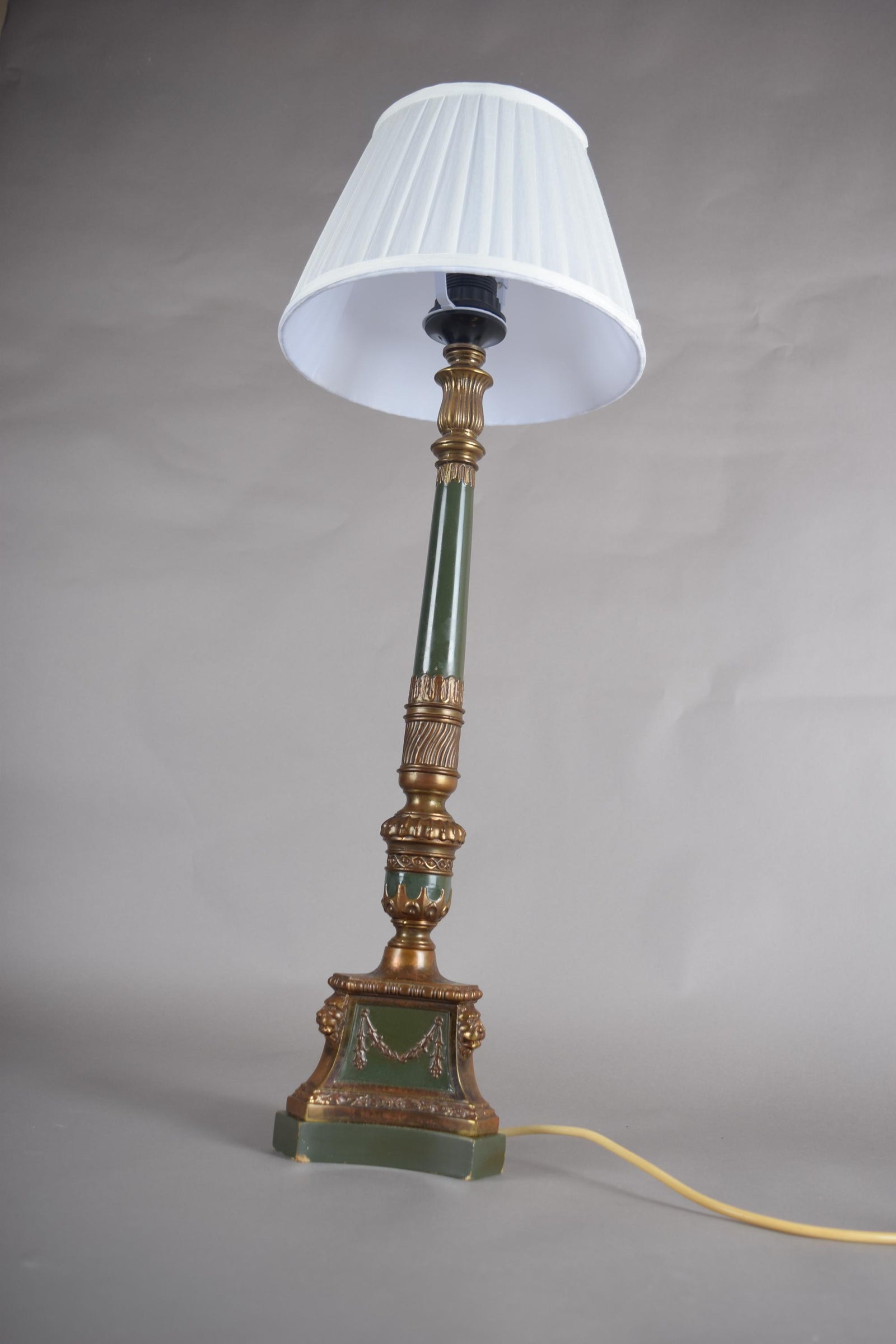 Vintage Brass-Toned Table Lamp, Louis XVI Style, Green Column with Pleated Shade, 1950s
