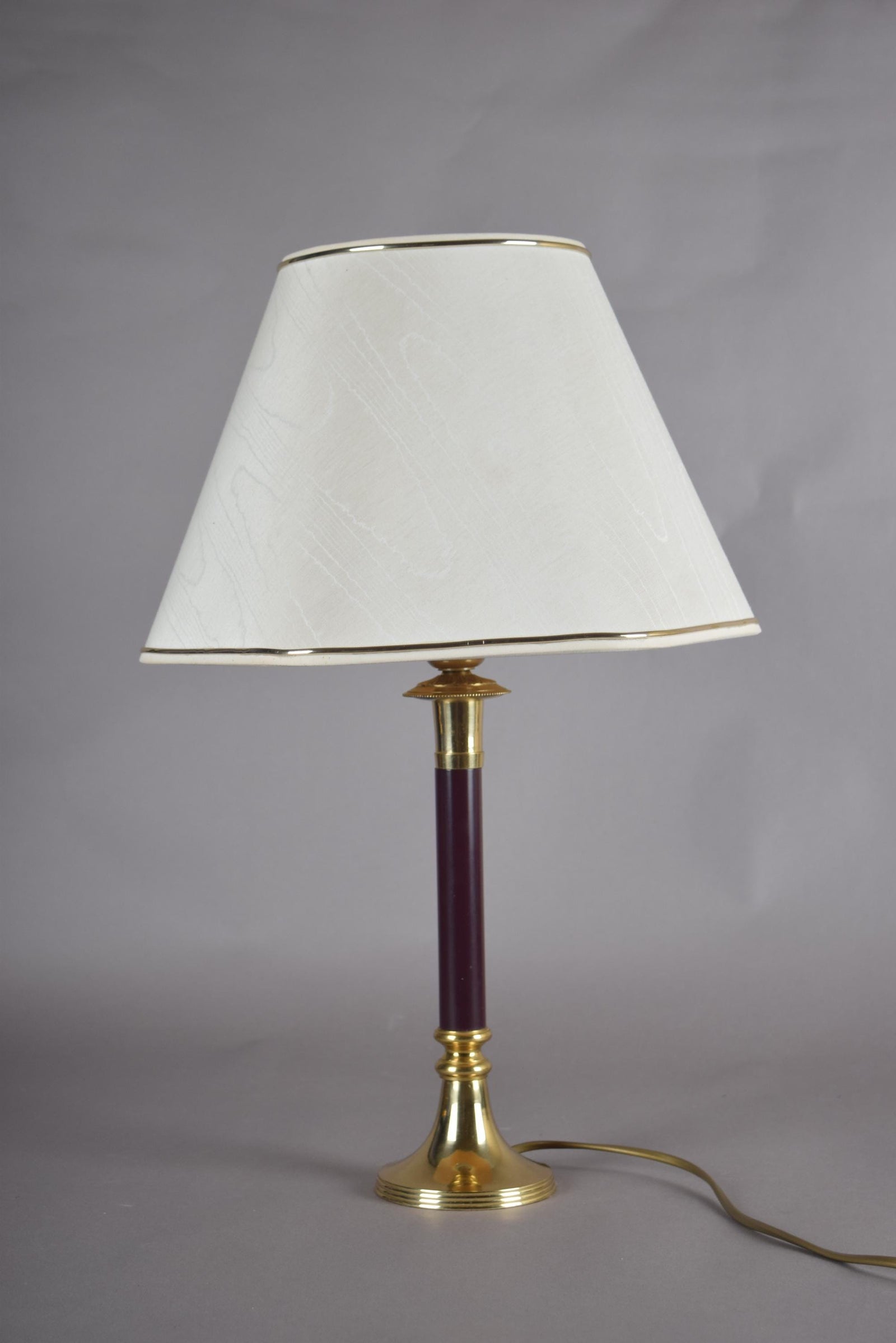 Vintage Brass Table Lamp, Burgundy Column, White Shade with Gold Trim, Hollywood Regency Style, 1980s