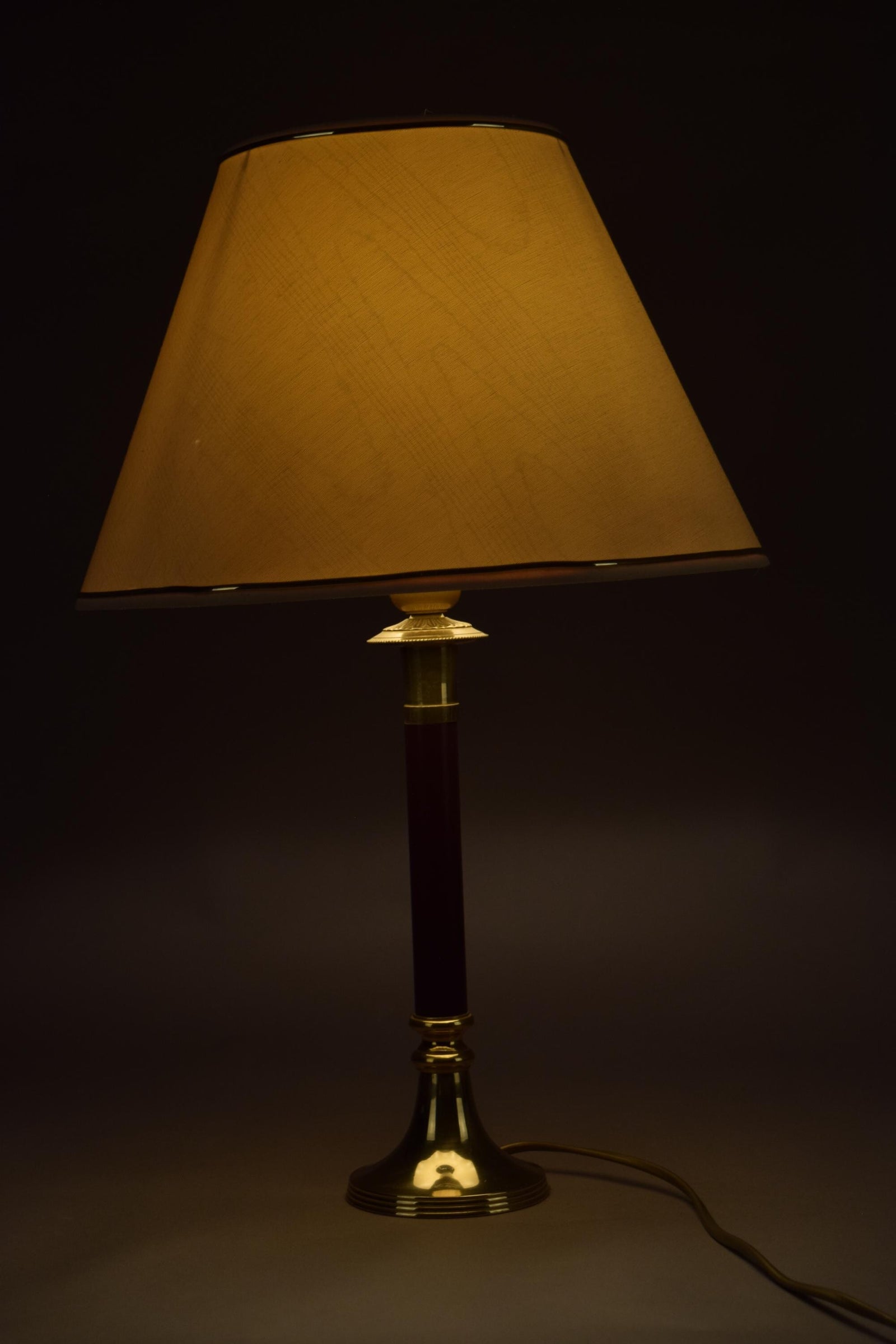 Vintage Brass Table Lamp, Burgundy Column, White Shade with Gold Trim, Hollywood Regency Style, 1980s