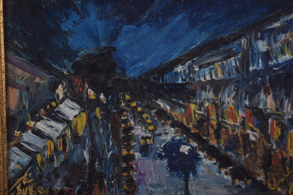 Impressionist Night Street Scene, Oil on Panel, Signed Cuca, Gilt Frame, 1950s