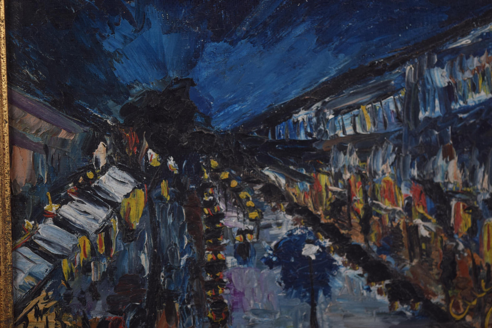 Impressionist Night Street Scene, Oil on Panel, Signed Cuca, Gilt Frame, 1950s