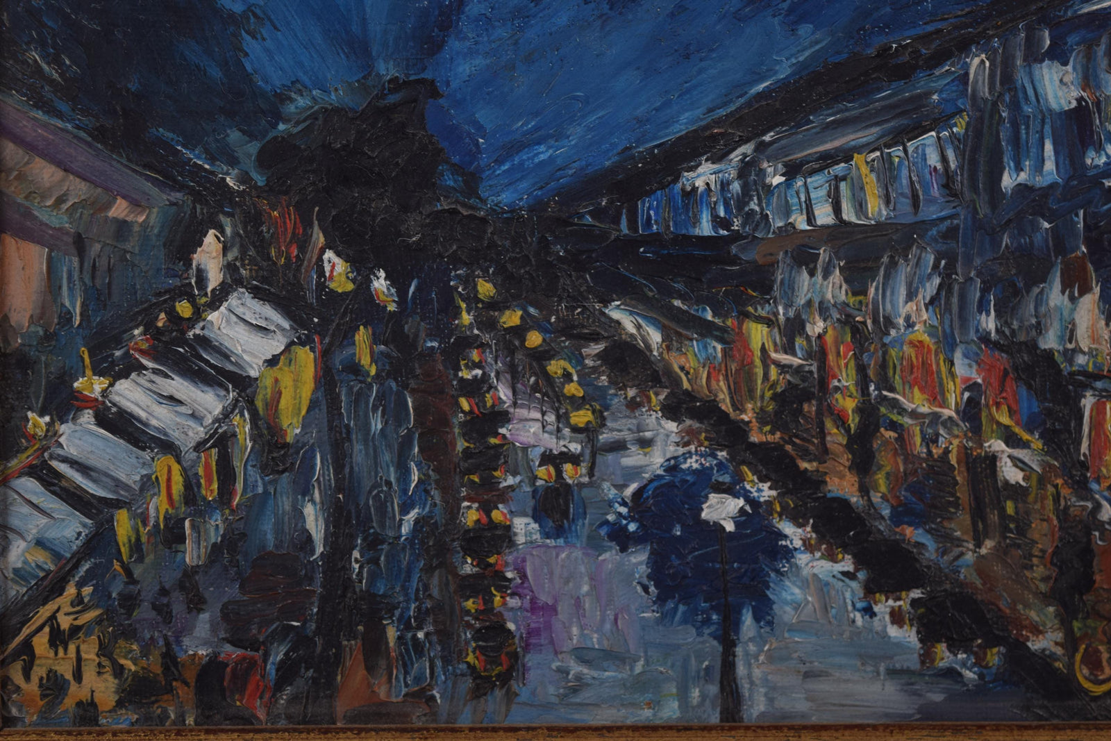 Impressionist Night Street Scene, Oil on Panel, Signed Cuca, Gilt Frame, 1950s