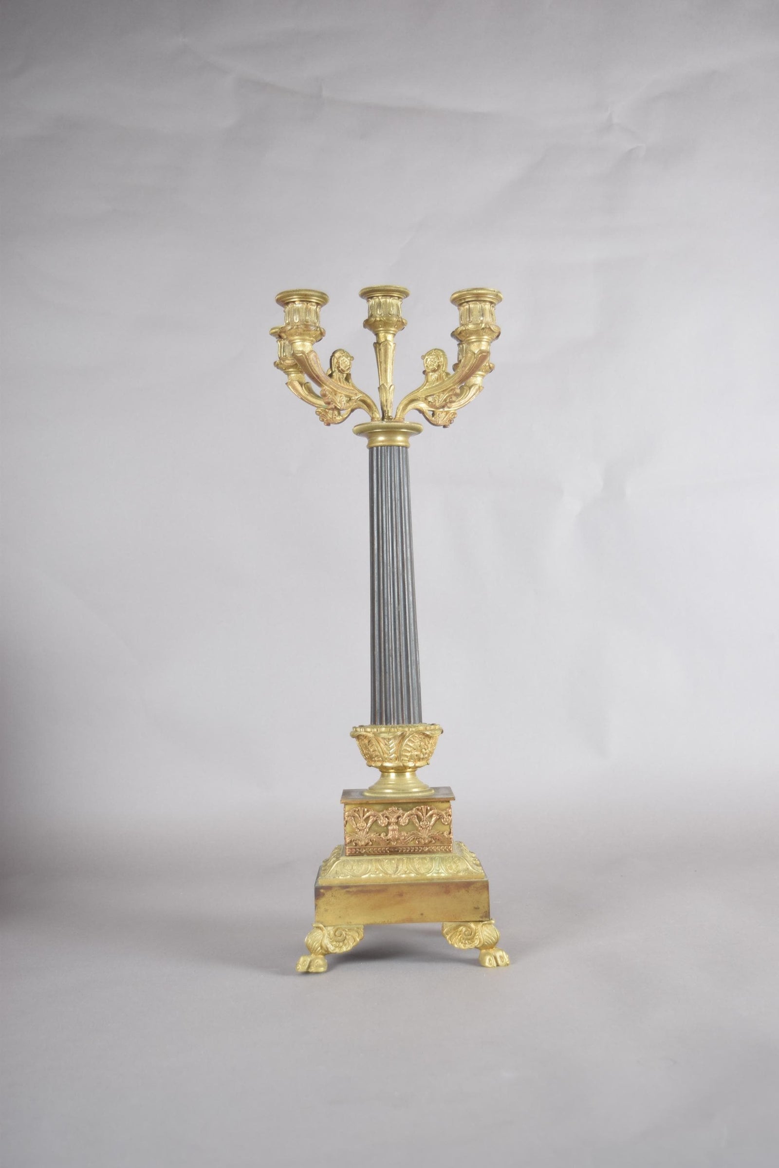 Antique Gilt Bronze Candelabra, Fluted Column with Figural Arms — French, 19th Century