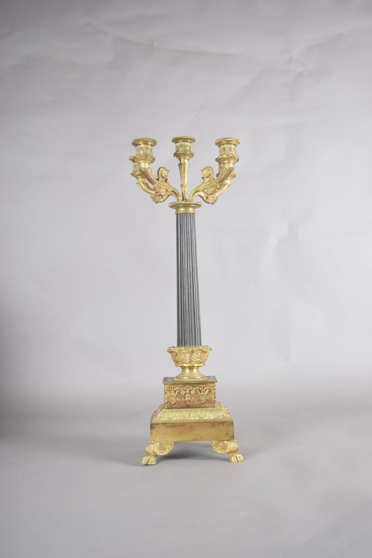 Antique Gilt Bronze Candelabra, Fluted Column with Figural Arms — French, 19th Century