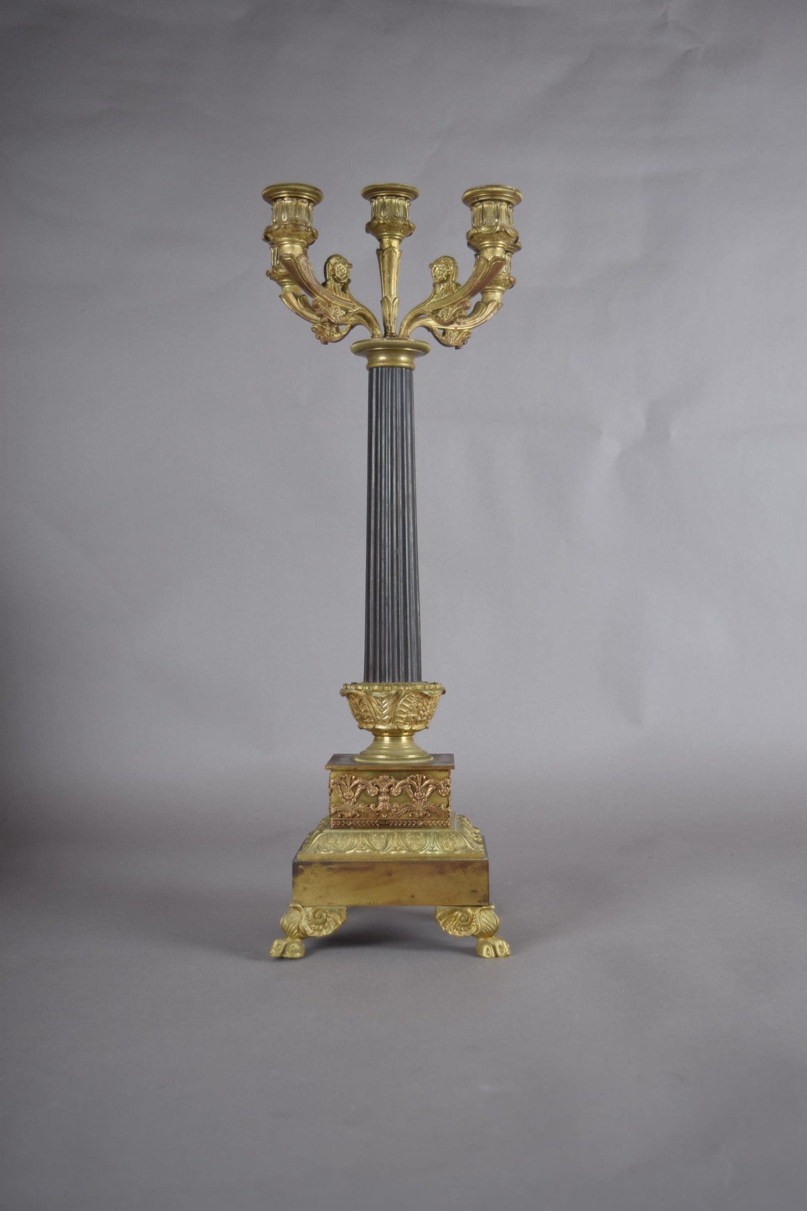 Antique Gilt Bronze Candelabra, Fluted Column with Figural Arms — French, 19th Century
