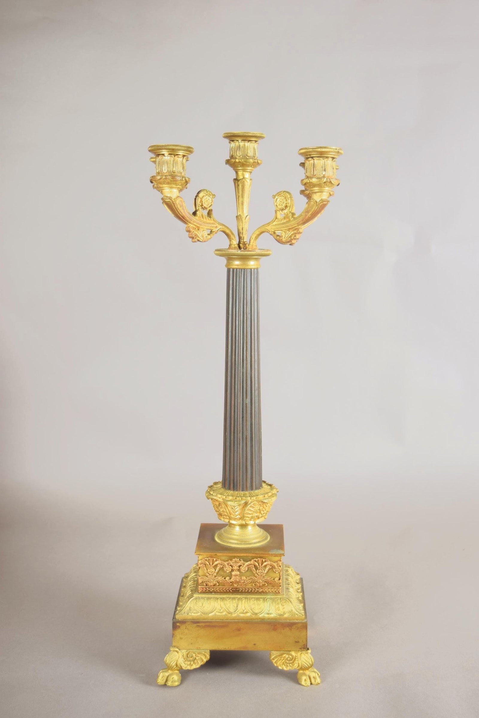 Antique Gilt Bronze Candelabra, Fluted Column with Figural Arms — French, 19th Century