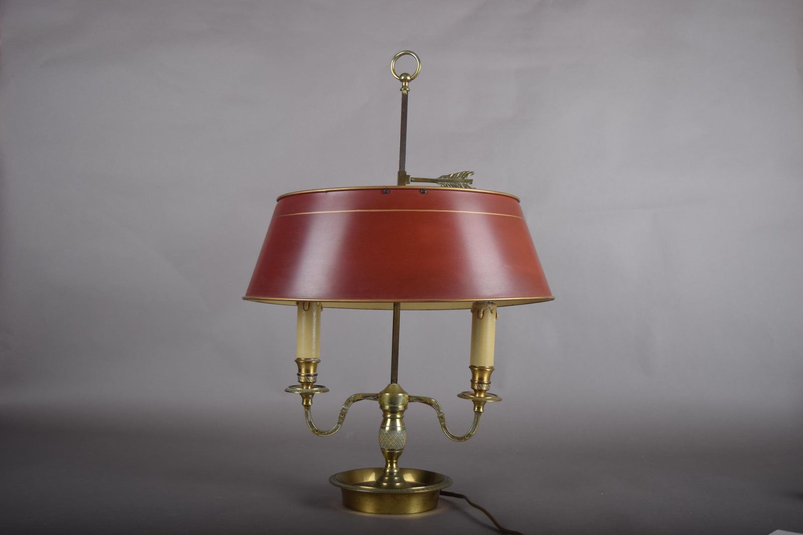 French Bouillotte Lamp, Brass Two-Light Base with Red Tôle Shade, 1930s