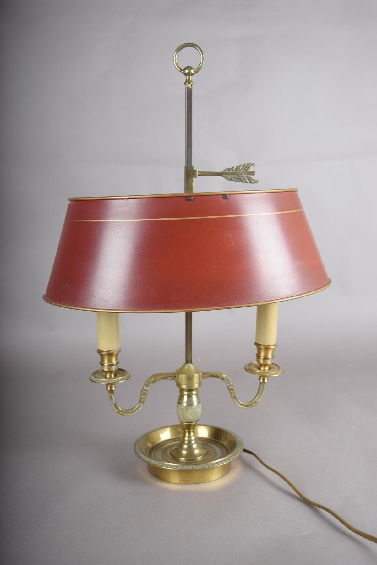 French Bouillotte Lamp, Brass Two-Light Base with Red Tôle Shade, 1930s