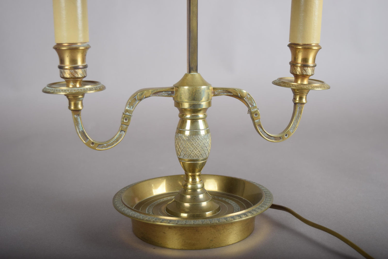 French Bouillotte Lamp, Brass Two-Light Base with Red Tôle Shade, 1930s