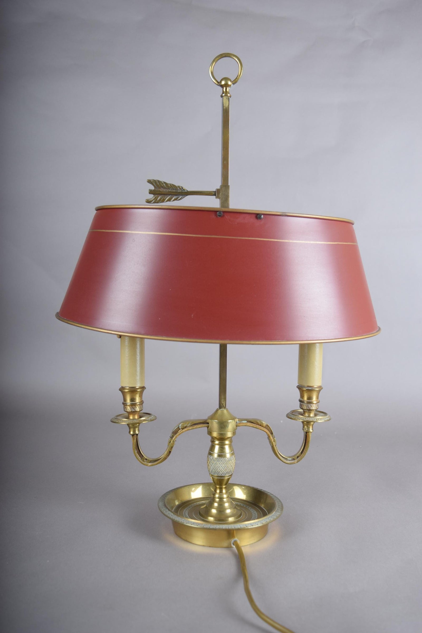 French Bouillotte Lamp, Brass Two-Light Base with Red Tôle Shade, 1930s