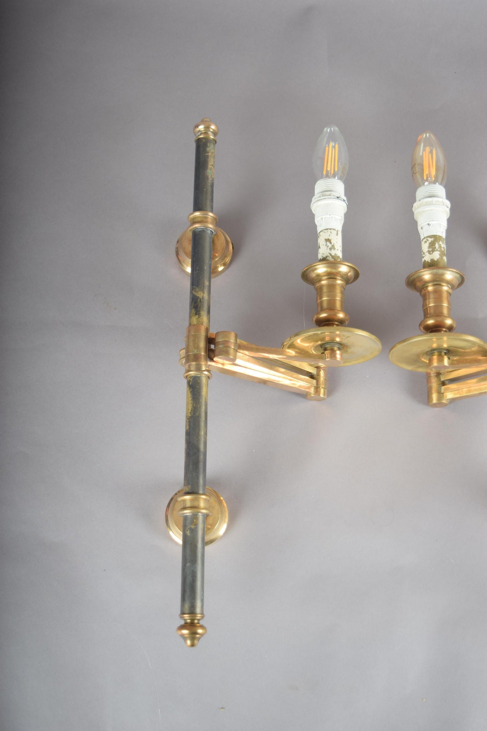 Pair of Brass and Dark Metal Swing-Arm Wall Sconces, Articulated Task Lighting, 1960s