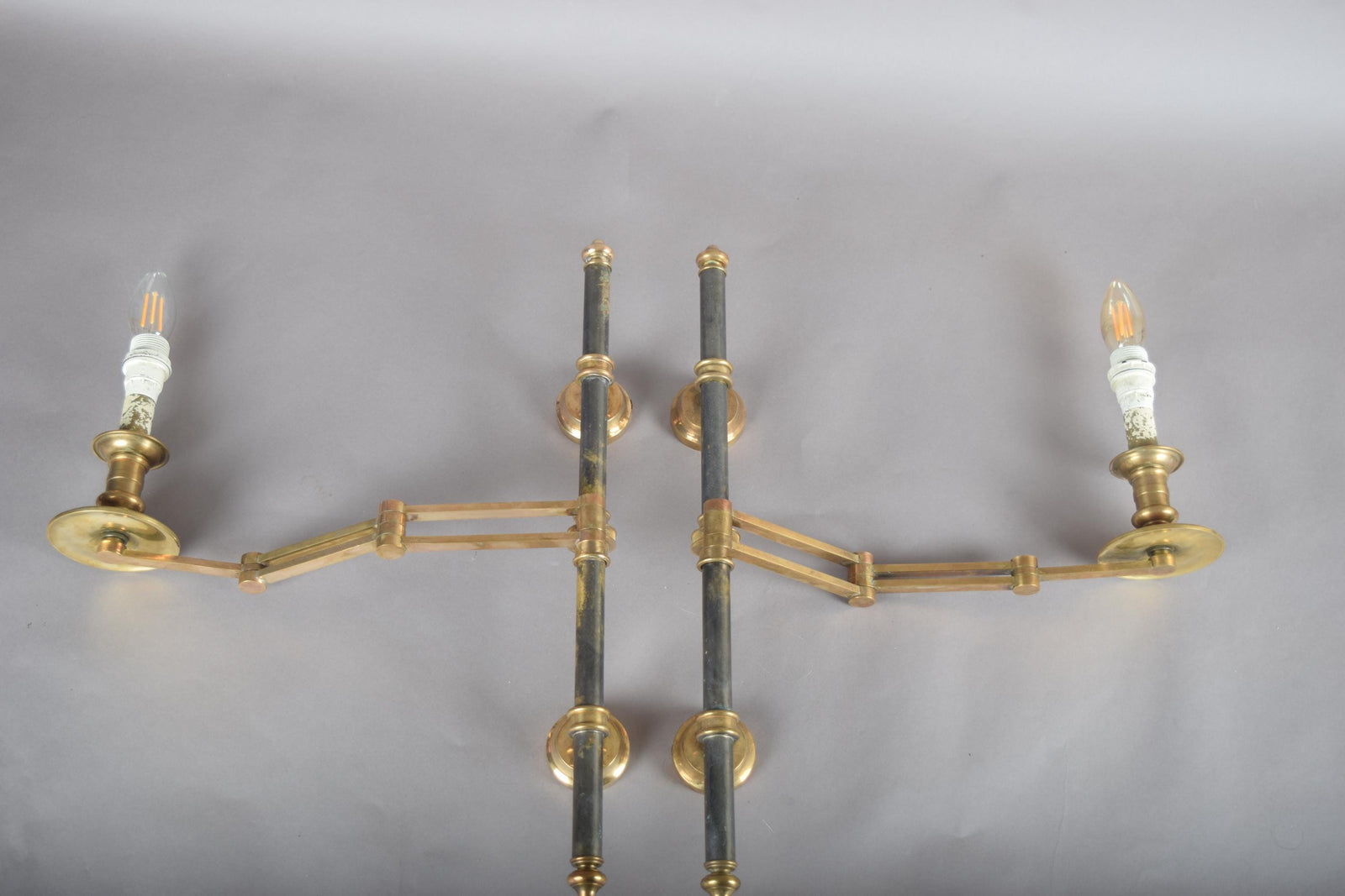 Pair of Brass and Dark Metal Swing-Arm Wall Sconces, Articulated Task Lighting, 1960s