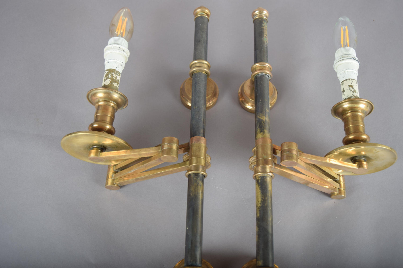 Pair of Brass and Dark Metal Swing-Arm Wall Sconces, Articulated Task Lighting, 1960s