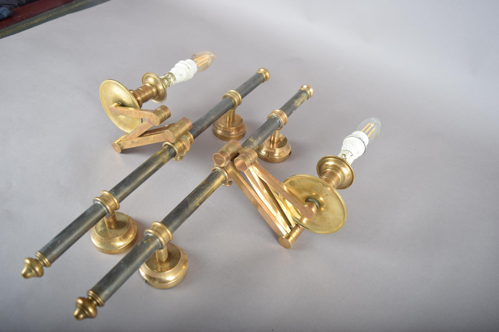 Pair of Brass and Dark Metal Swing-Arm Wall Sconces, Articulated Task Lighting, 1960s
