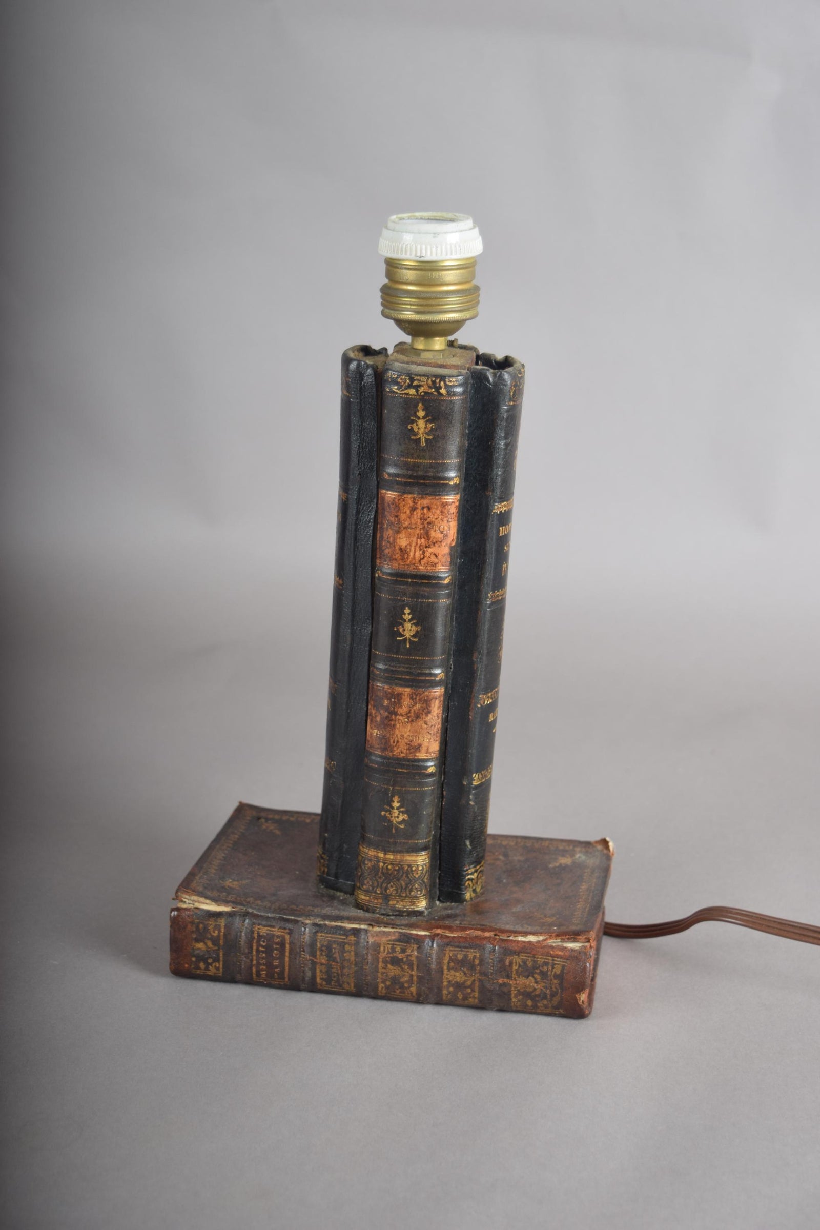 Antique Leather Book Stack Table Lamp — Gilt-Tooled Bindings, Library Accent