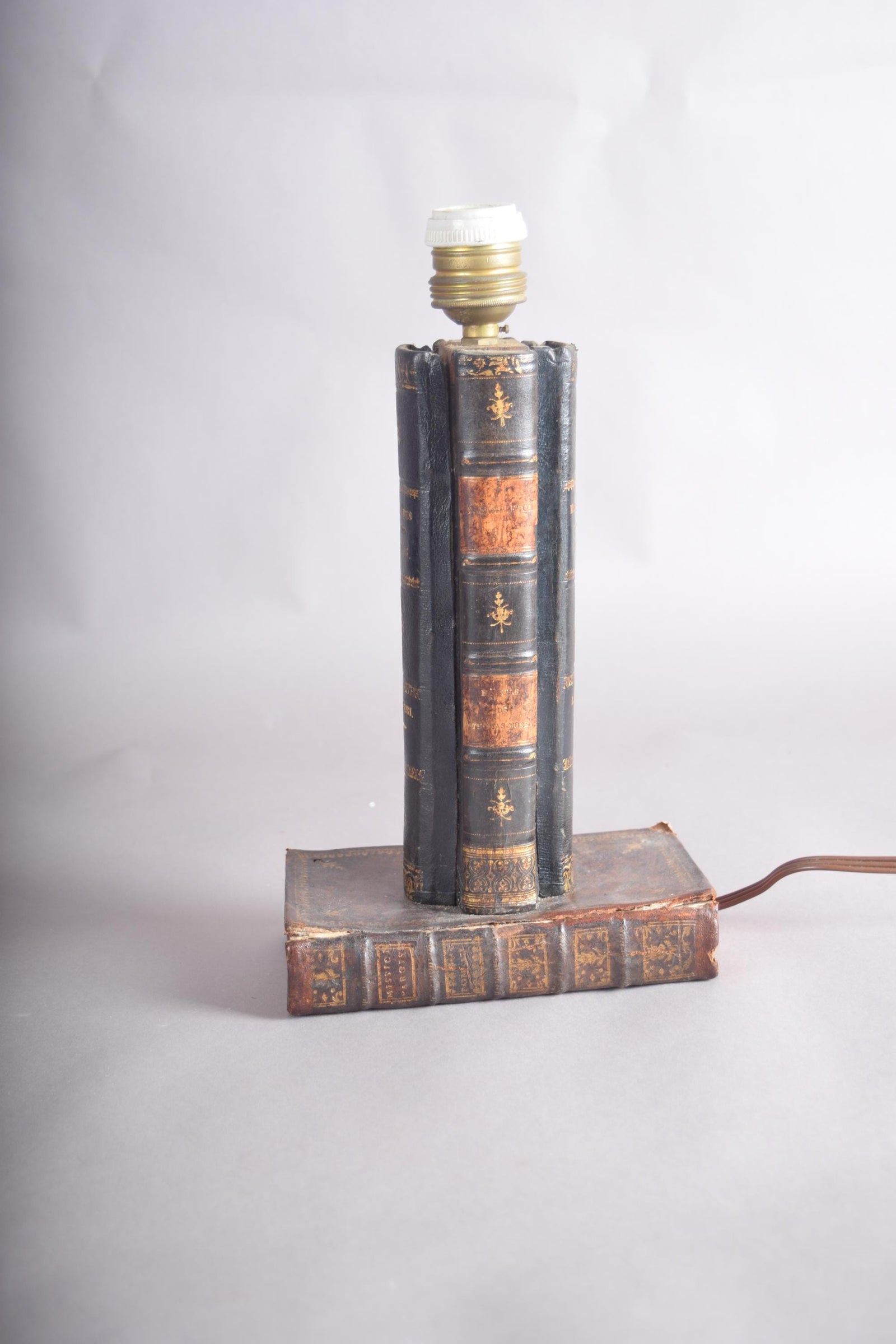 Antique Leather Book Stack Table Lamp — Gilt-Tooled Bindings, Library Accent