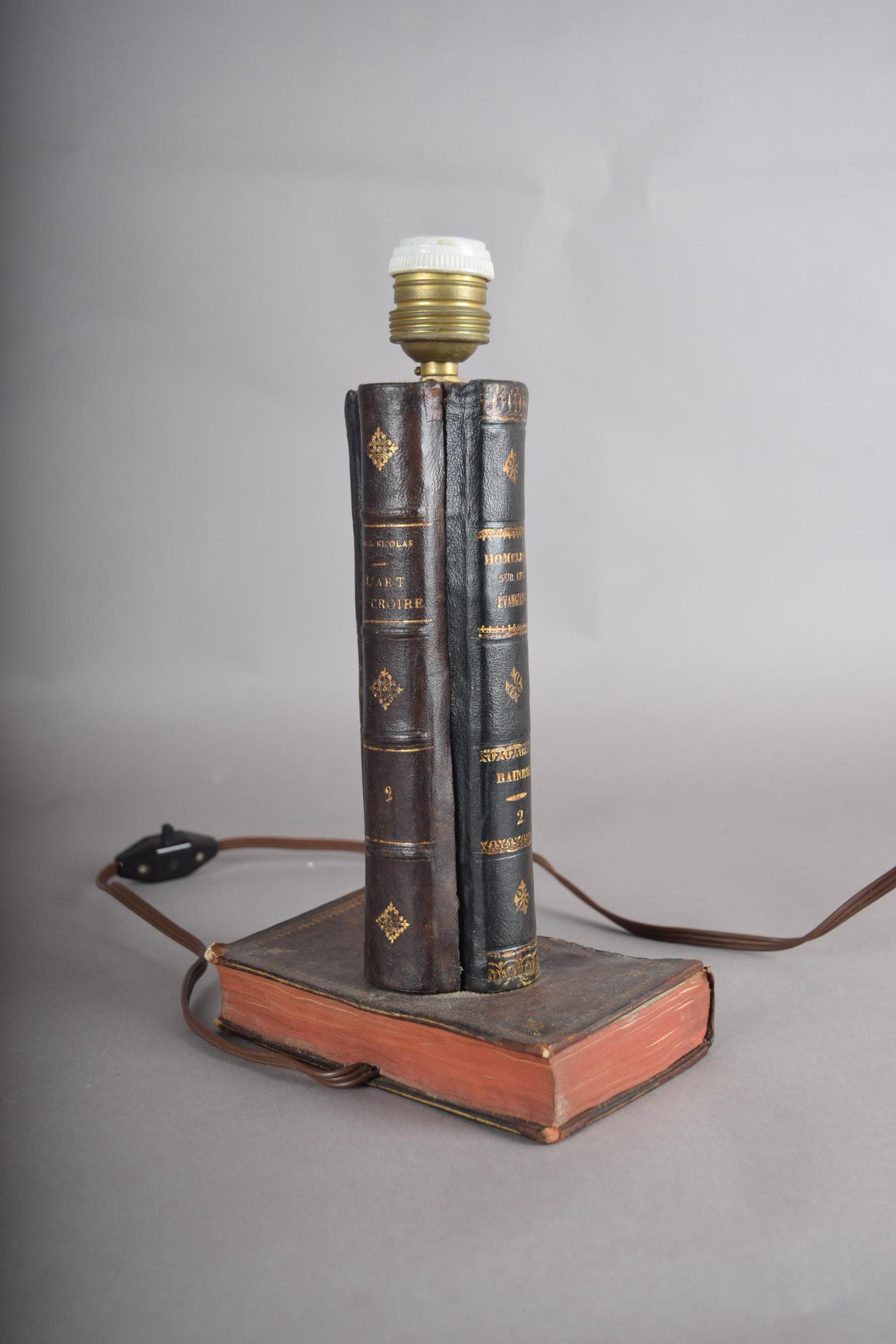 Antique Leather Book Stack Table Lamp — Gilt-Tooled Bindings, Library Accent