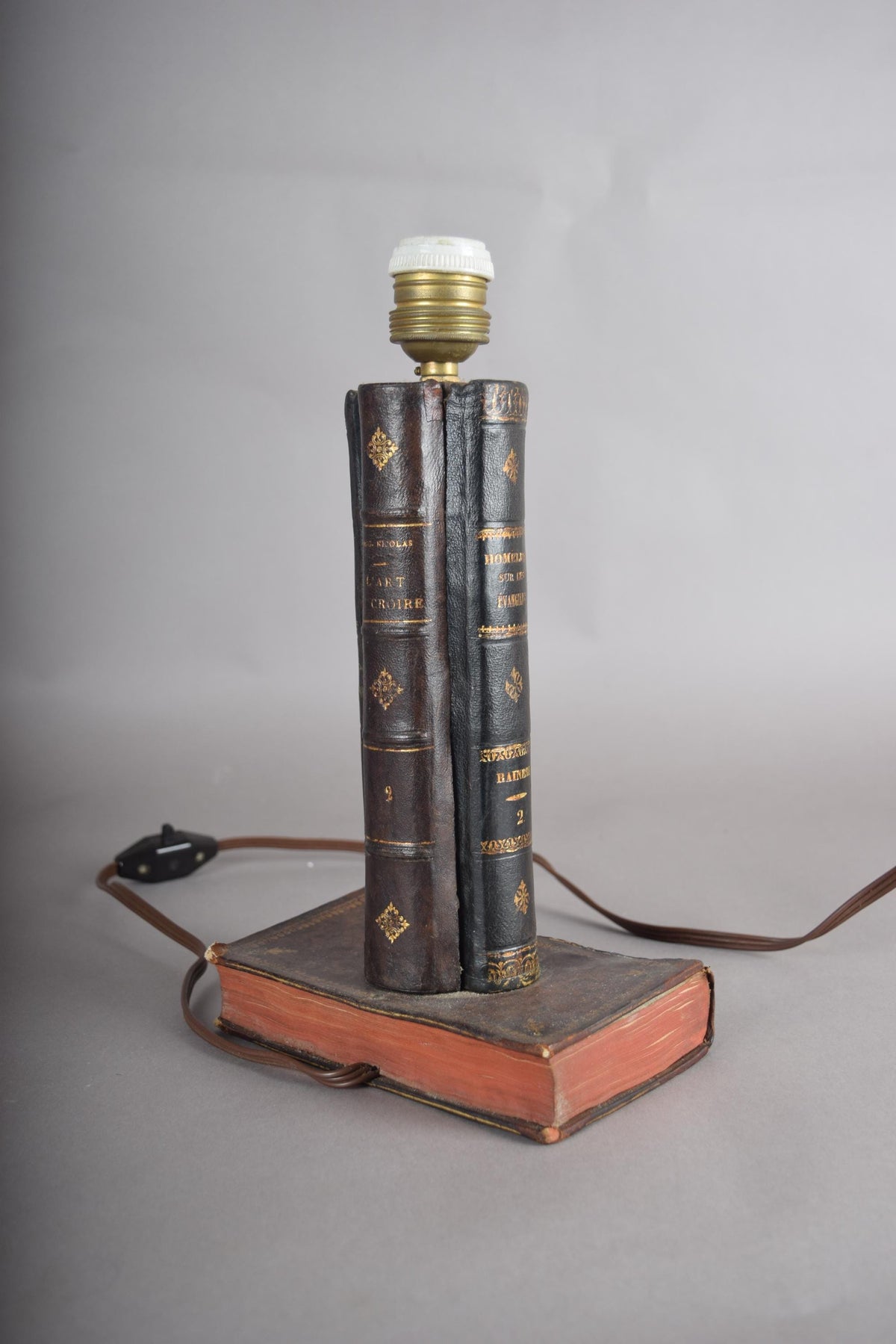 Antique Leather Book Stack Table Lamp — Gilt-Tooled Bindings, Library Accent