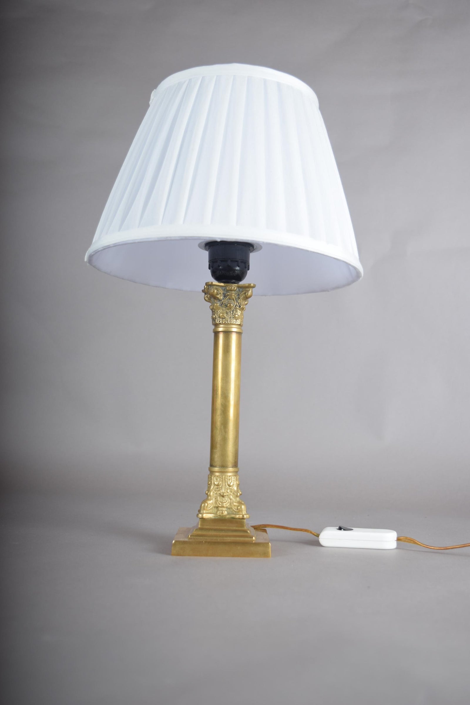 Vintage Brass Column Table Lamp, Ornate Capital and Base — 1950s