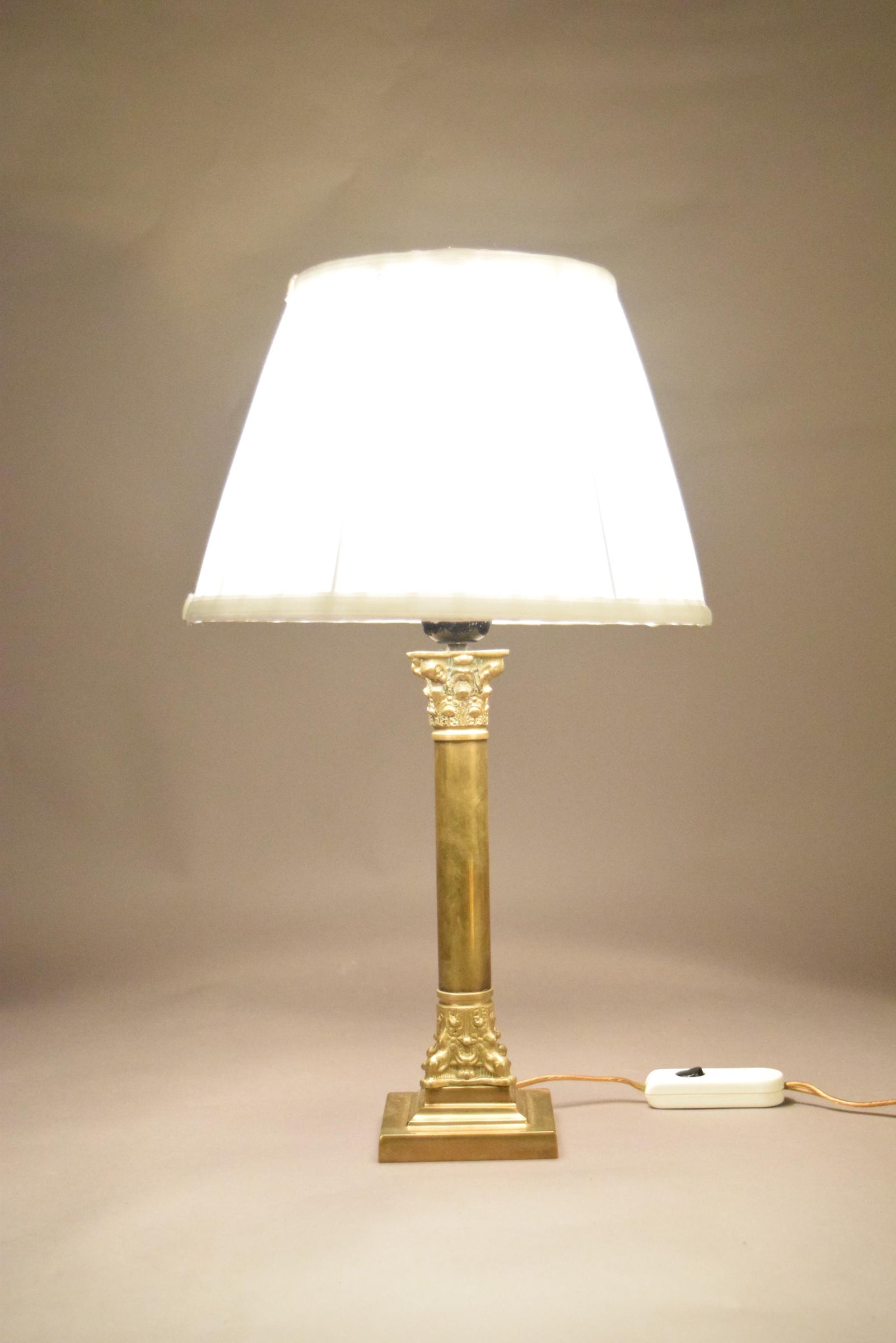 Vintage Brass Column Table Lamp, Ornate Capital and Base — 1950s