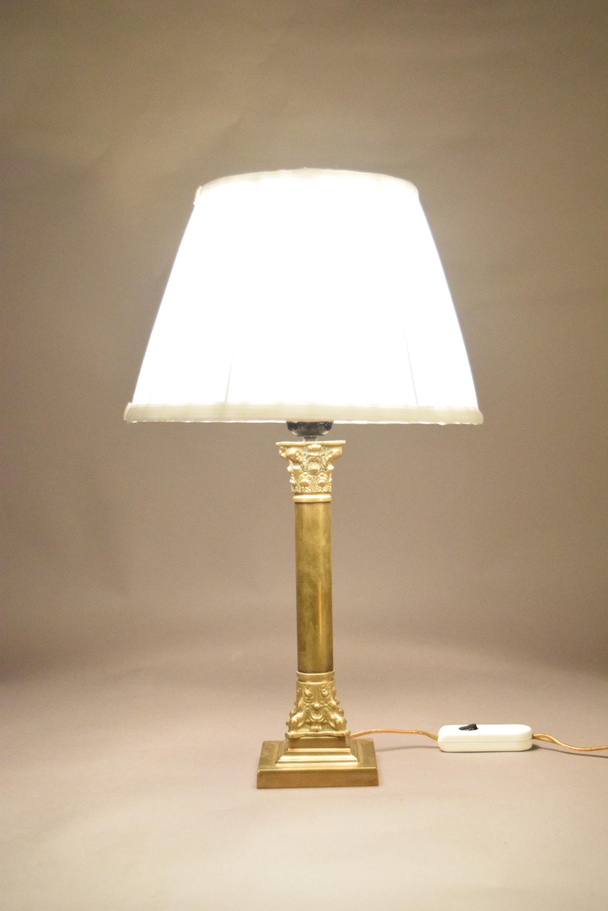 Vintage Brass Column Table Lamp, Ornate Capital and Base — 1950s