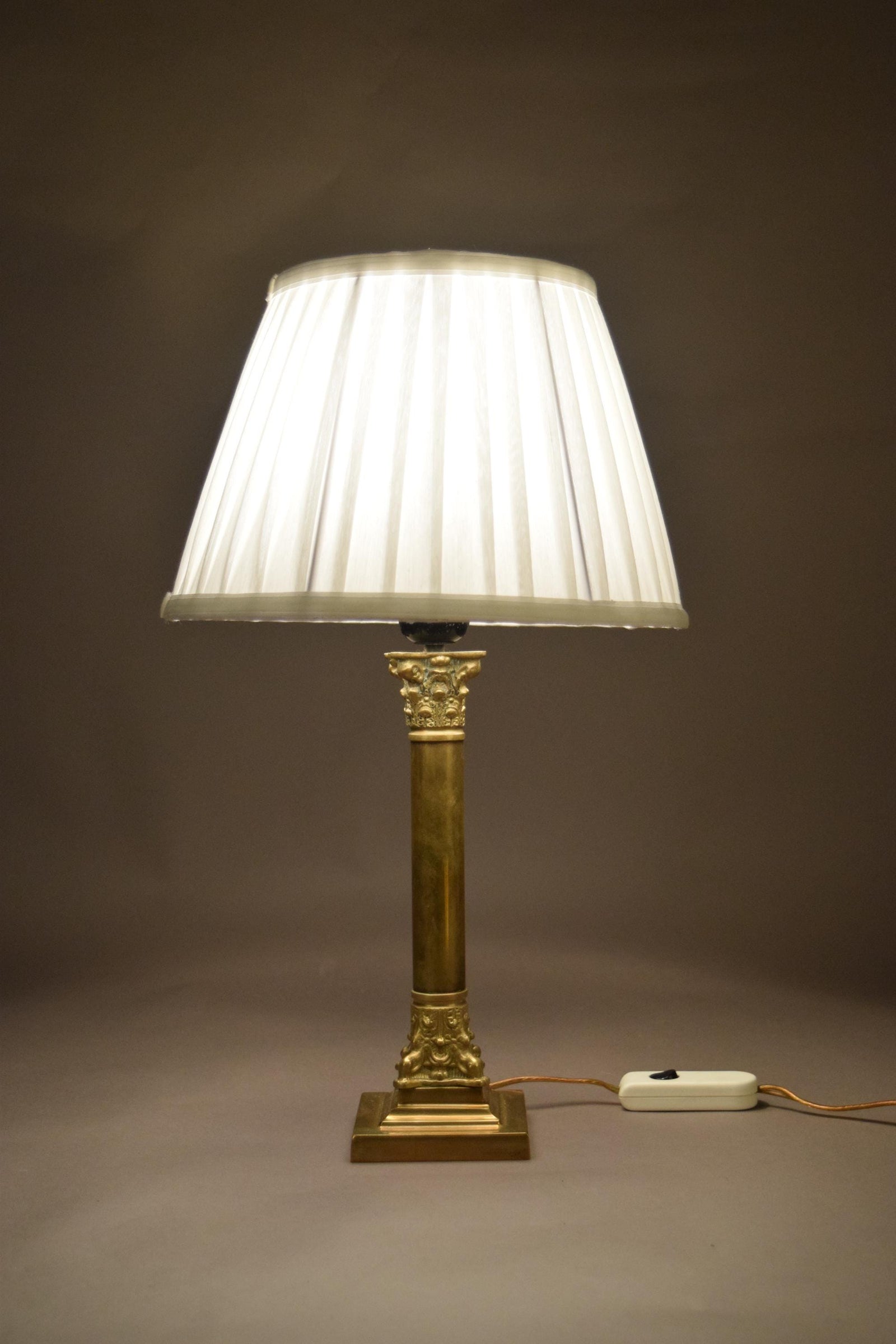 Vintage Brass Column Table Lamp, Ornate Capital and Base — 1950s