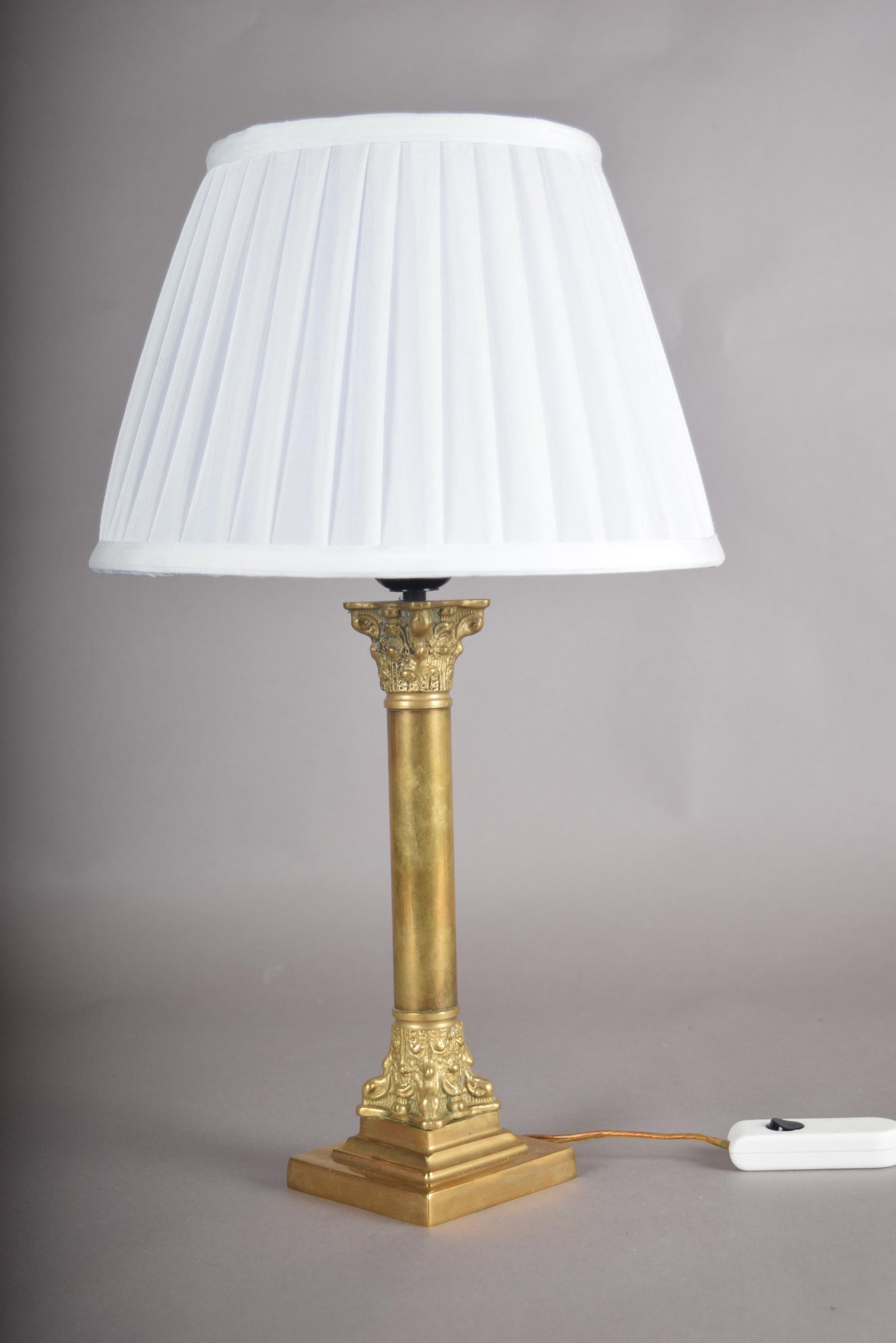 Vintage Brass Column Table Lamp, Ornate Capital and Base — 1950s