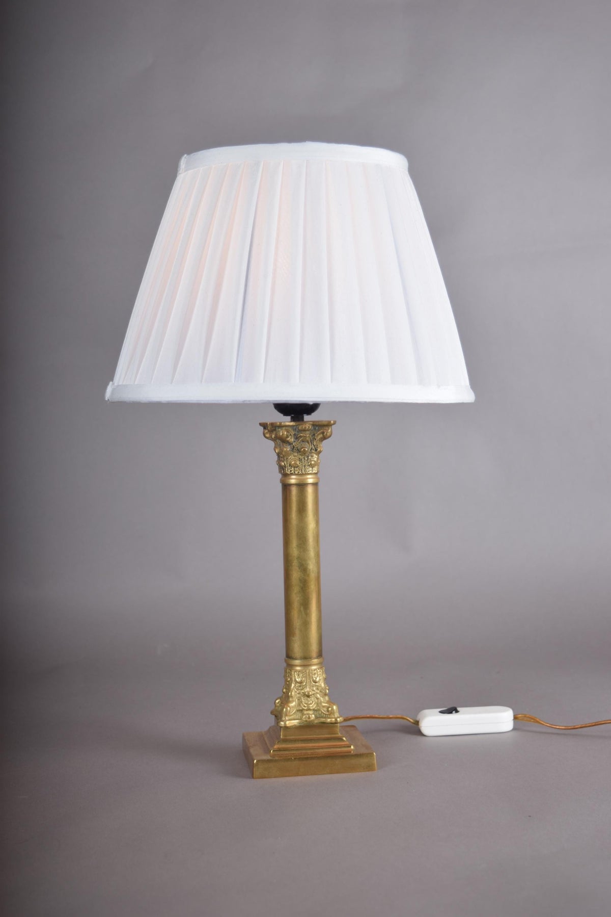 Vintage Brass Column Table Lamp, Ornate Capital and Base — 1950s
