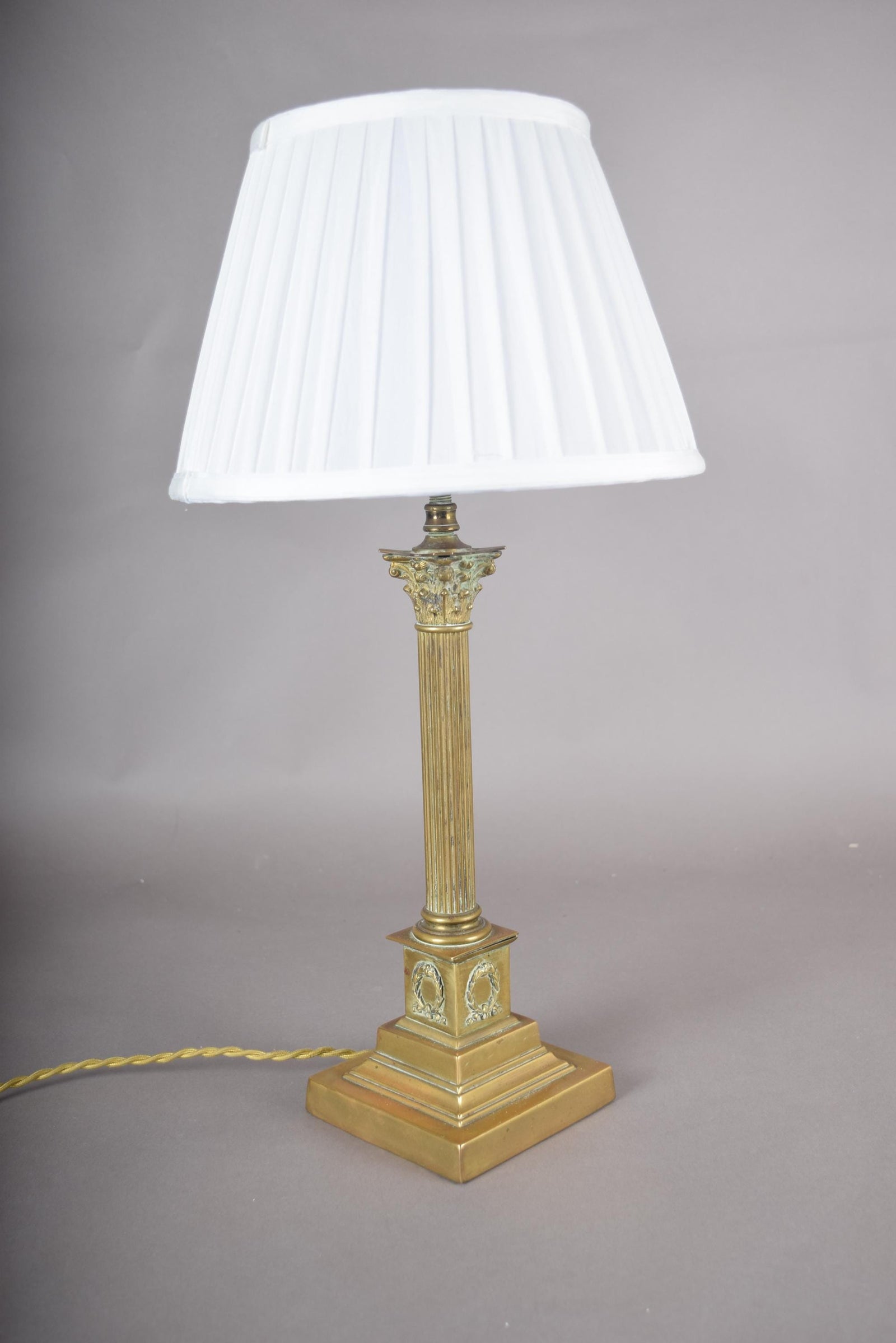 Vintage Brass Column Table Lamp, Fluted Neoclassical Style, Laurel Wreath Base, 1930s
