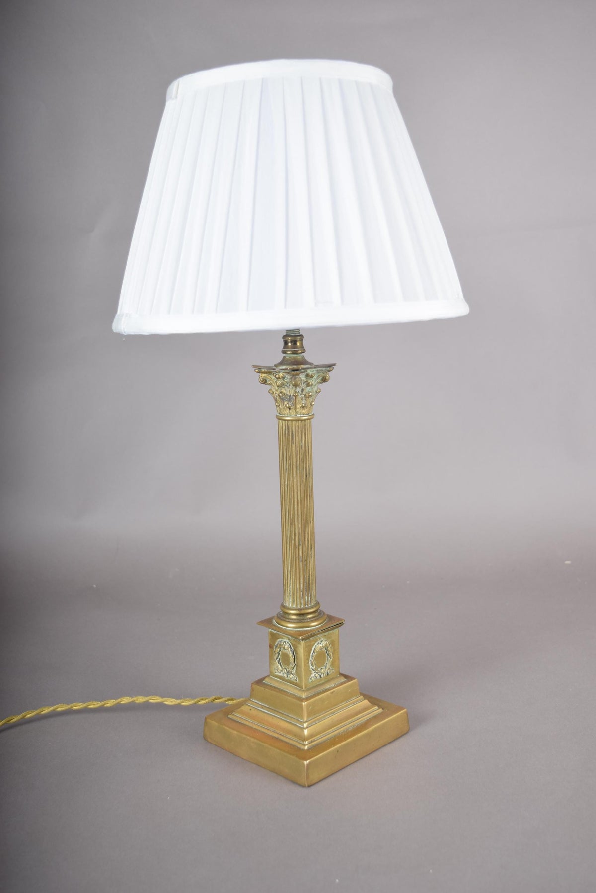 Vintage Brass Column Table Lamp, Fluted Neoclassical Style, Laurel Wreath Base, 1930s