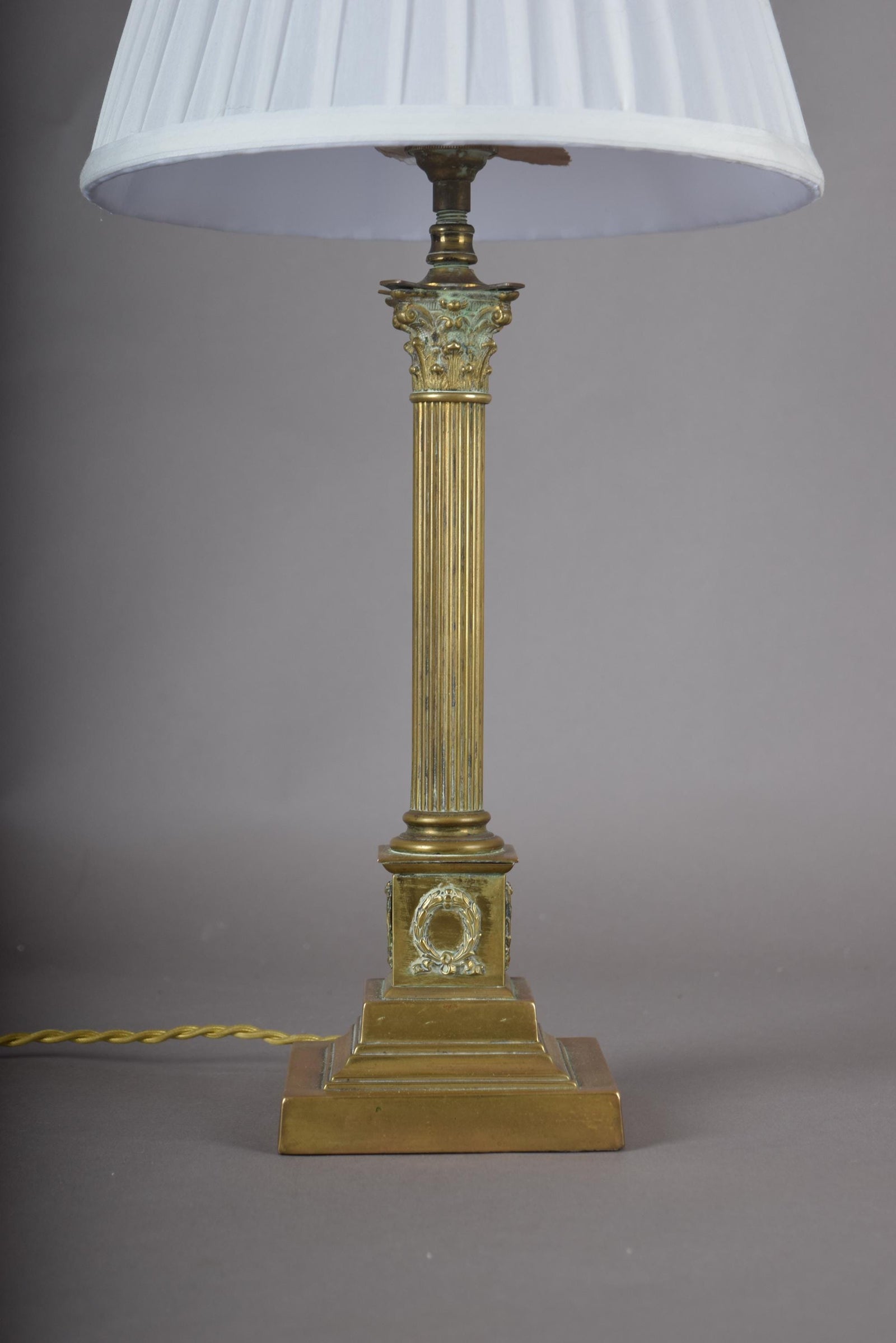 Vintage Brass Column Table Lamp, Fluted Neoclassical Style, Laurel Wreath Base, 1930s