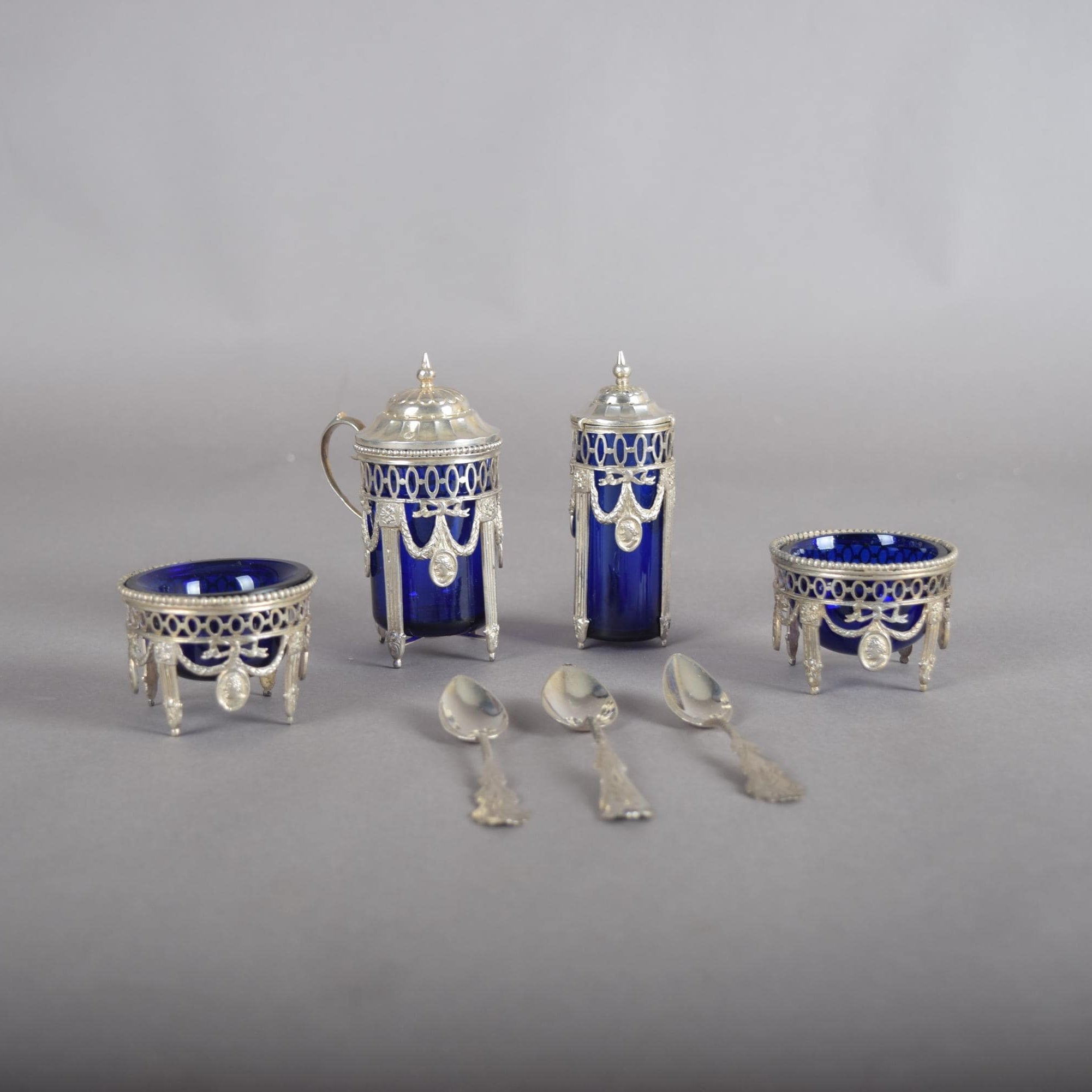 Antique Silver-Mounted Cobalt Glass Condiment Set, Louis XVI Style — French, Circa 1900, 7 Pieces