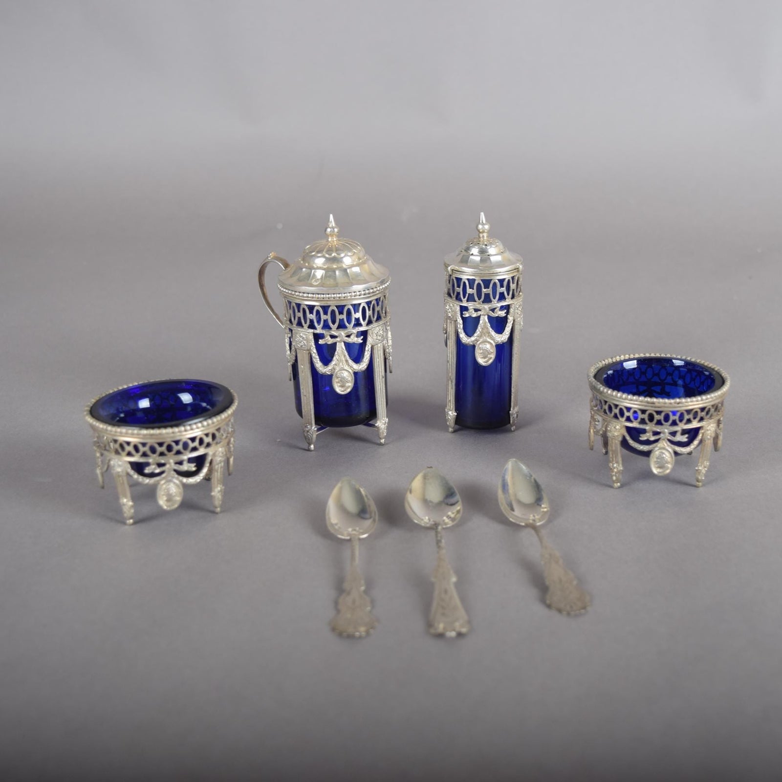 Antique Silver-Mounted Cobalt Glass Condiment Set, Louis XVI Style — French, Circa 1900, 7 Pieces