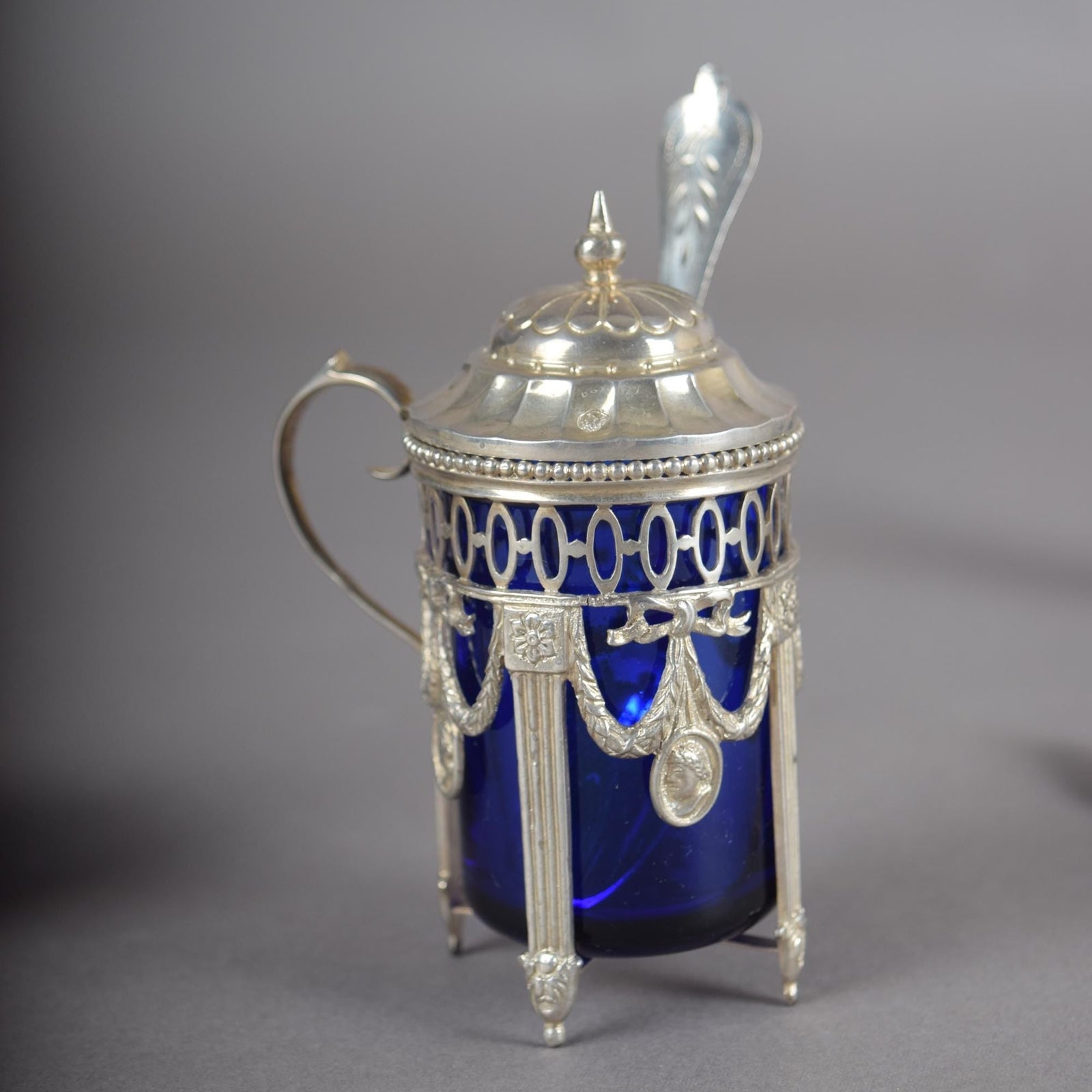 Antique Silver-Mounted Cobalt Glass Condiment Set, Louis XVI Style — French, Circa 1900, 7 Pieces