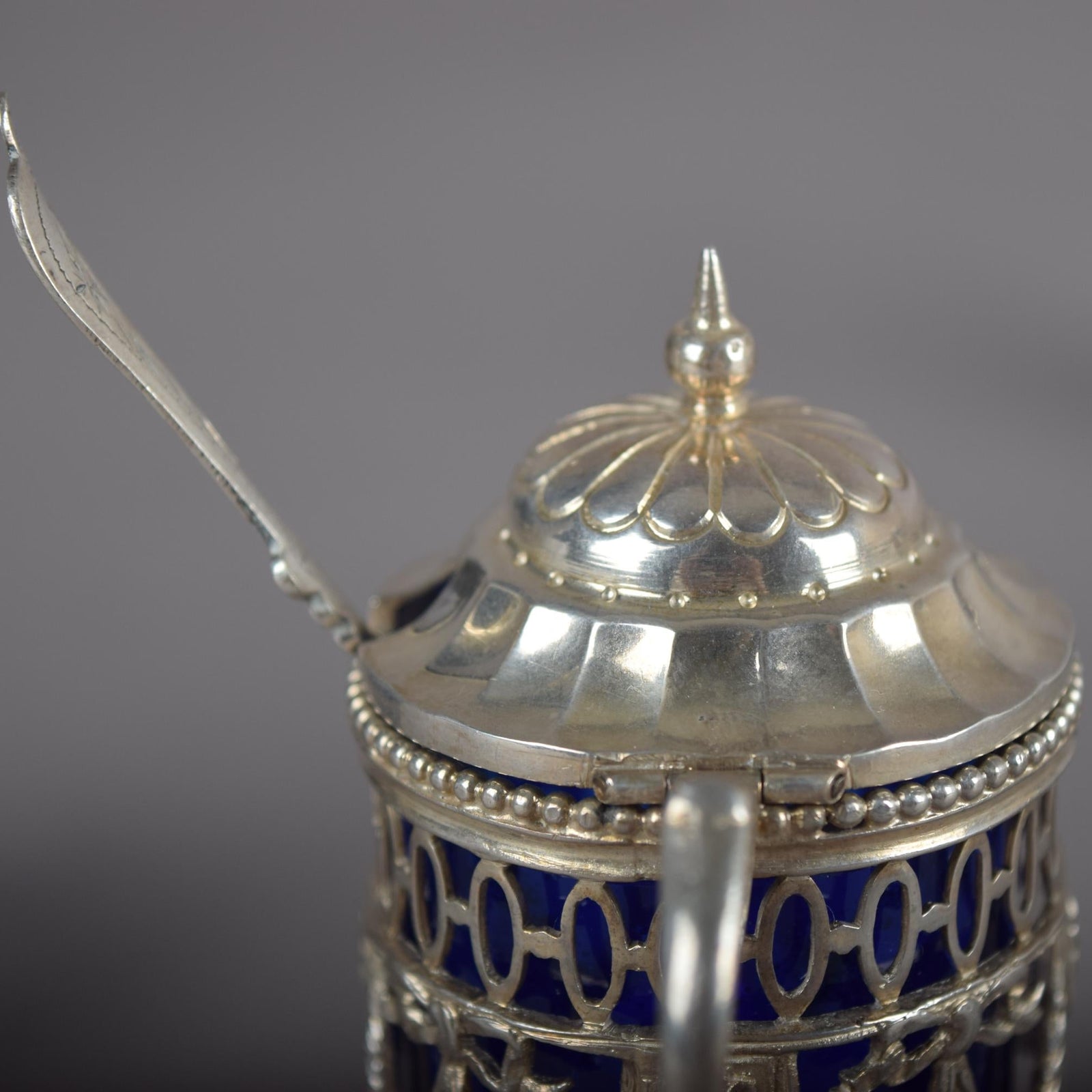 Antique Silver-Mounted Cobalt Glass Condiment Set, Louis XVI Style — French, Circa 1900, 7 Pieces