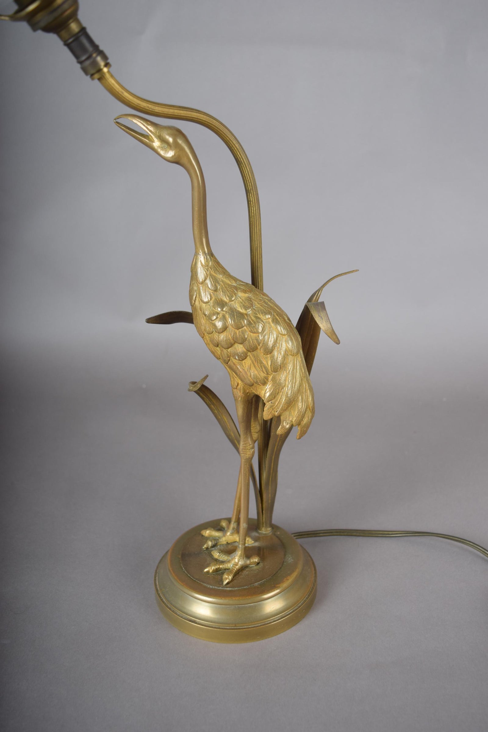 Gilt Crane Table Lamp with Frosted Glass Shade, Hollywood Regency Style