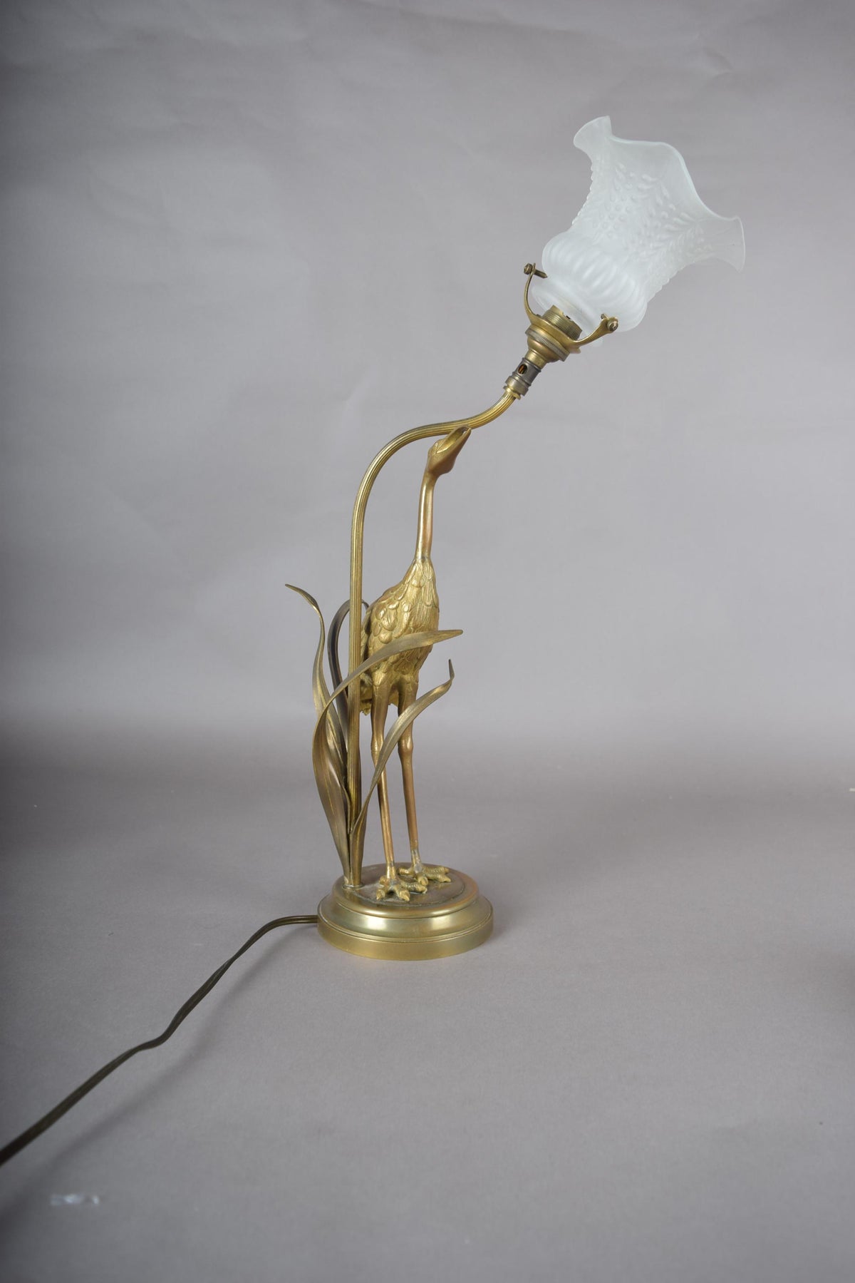 Gilt Crane Table Lamp with Frosted Glass Shade, Hollywood Regency Style